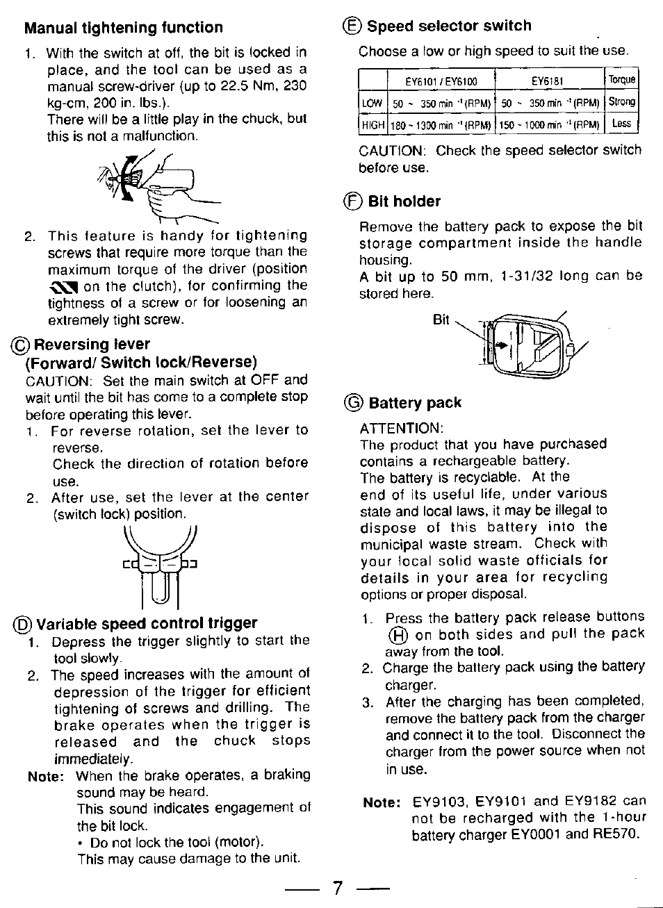 Manual tightening function, S) reversing lever (forward/ switch lock/reverse), D) variable speed control trigger | I) speed selector switch, Bit holder, Battery pack | Panasonic EY6181 User Manual | Page 7 / 16