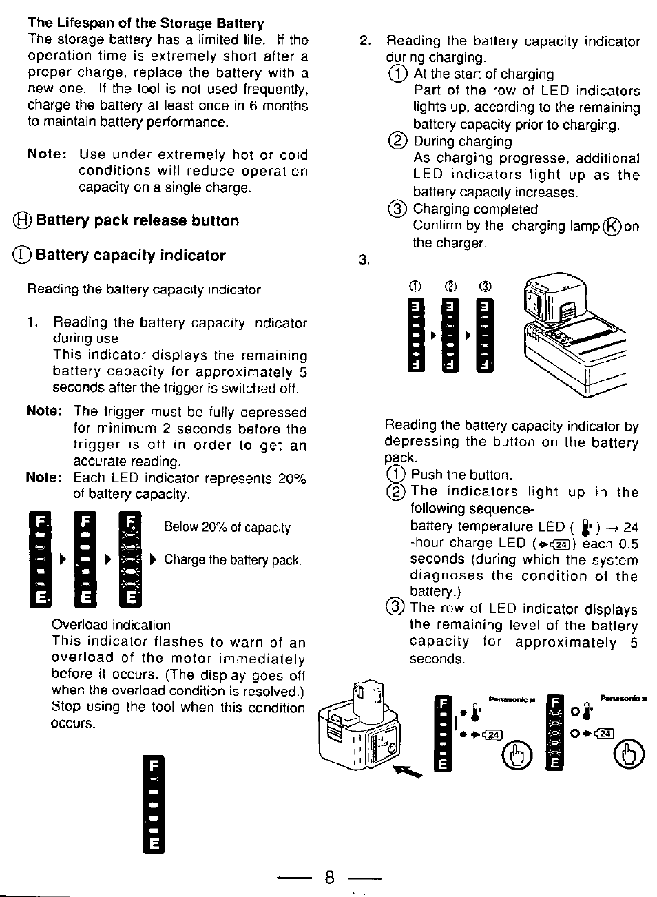 Q) battery pack release button, T) battery capacity indicator | Panasonic EY6181 User Manual | Page 8 / 16