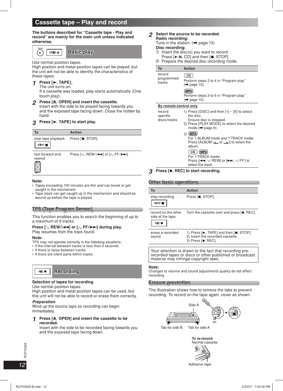 Cassette tape – play and record, Lang - 5 lang - 4 français dansk esp añol, Basic play | Recording | Panasonic SC-AK750 User Manual | Page 12 / 20