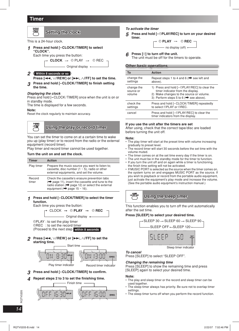 Timer, Using the play or record timer, Using the sleep timer | Panasonic SC-AK750 User Manual | Page 14 / 20