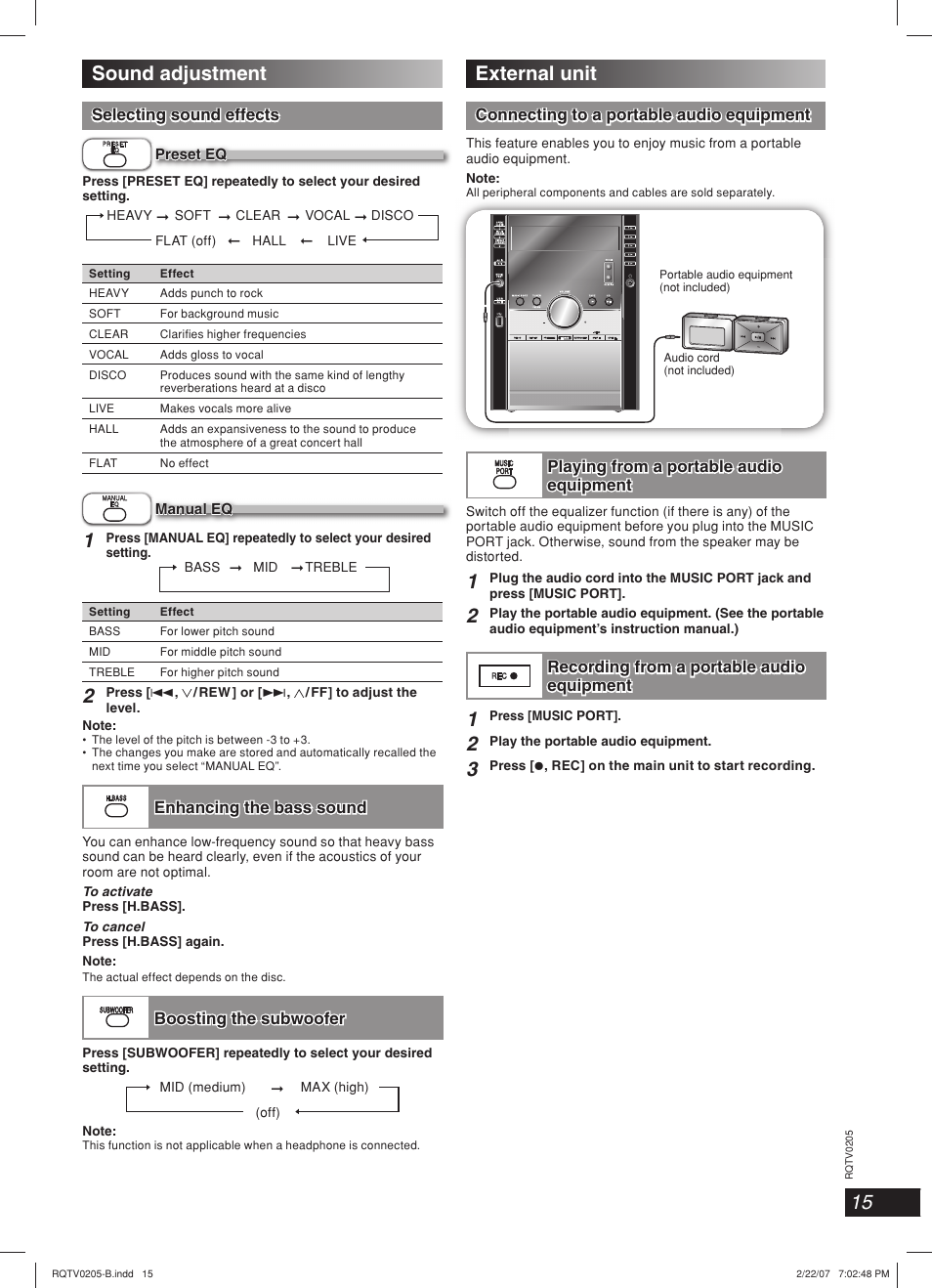 Sound adjustment external unit, Enhancing the bass sound, Boosting the subwoofer | Connecting to a portable audio equipment | Panasonic SC-AK750 User Manual | Page 15 / 20