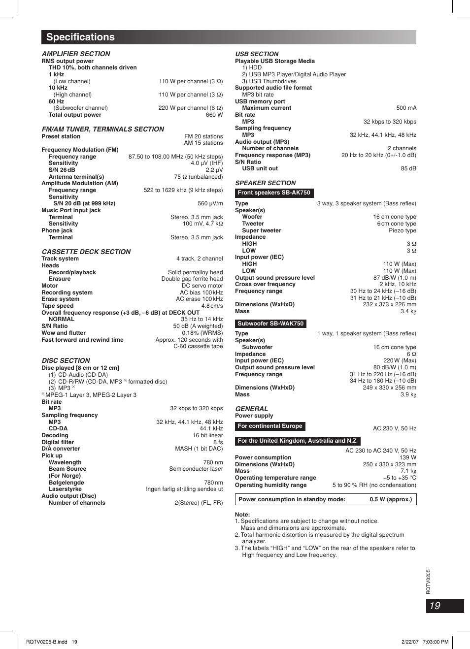 Specifi cations, Lang - 5 lang - 4 français dansk deutsch | Panasonic SC-AK750 User Manual | Page 19 / 20