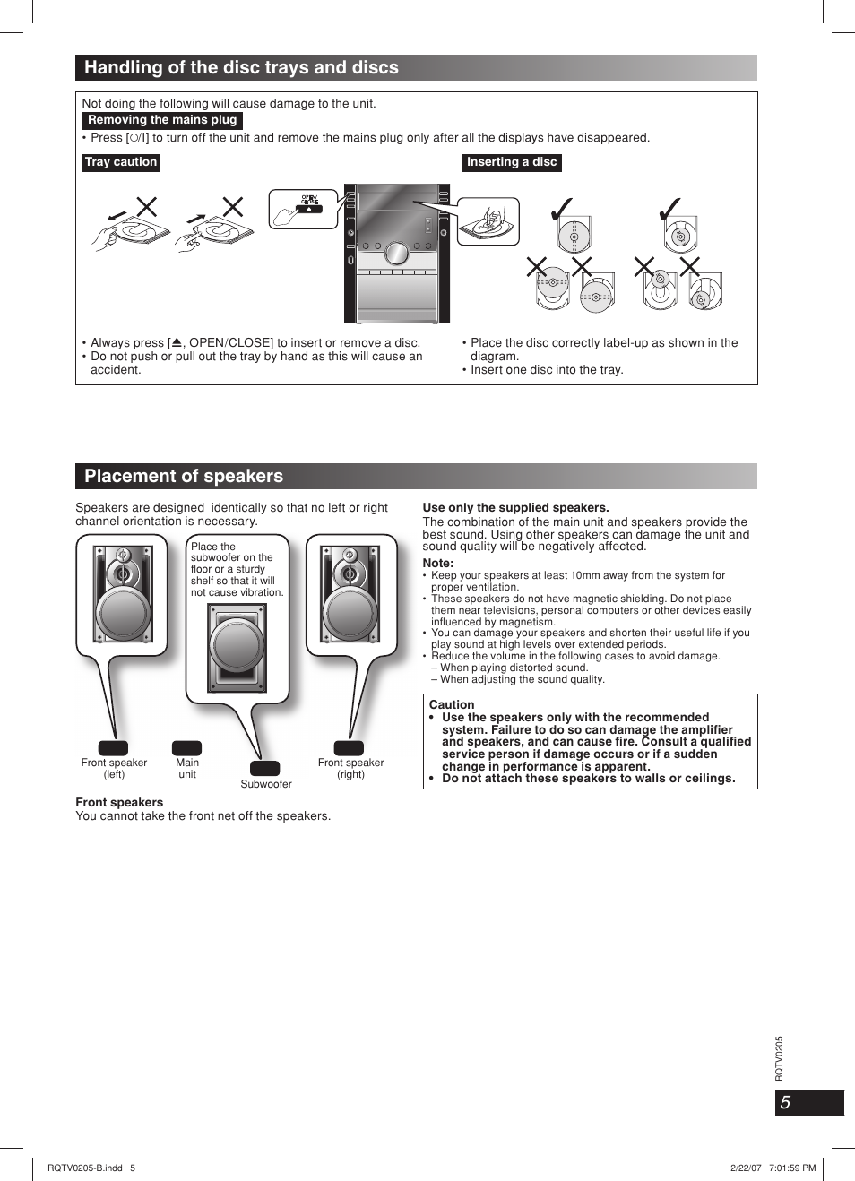 Handling of the disc trays and discs, Placement of speakers, Lang - 5 lang - 4 français dansk deutsch | Panasonic SC-AK750 User Manual | Page 5 / 20