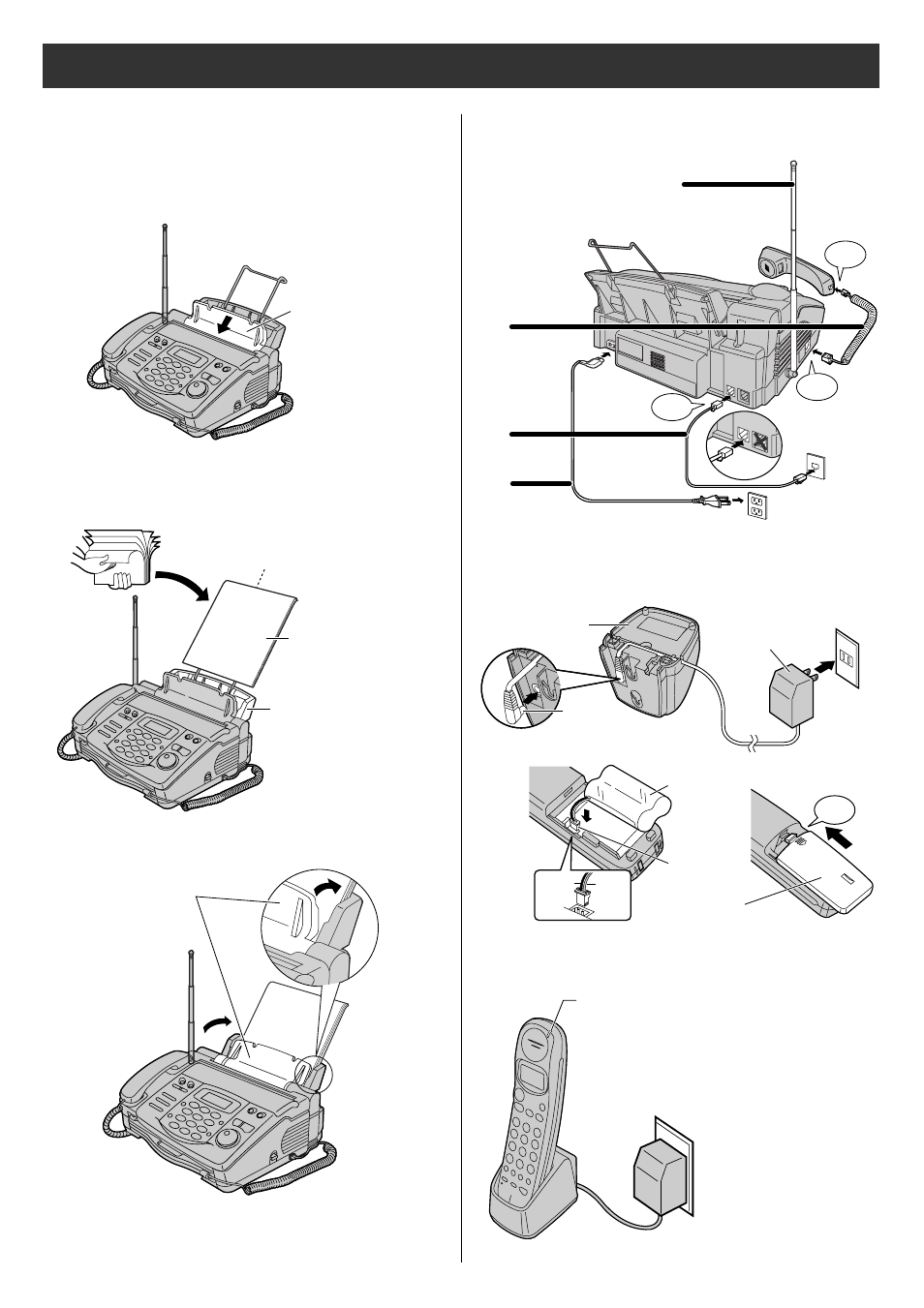Installations and connections, Connecting the main unit, Setting up the portable handset | Installing plain paper | Panasonic KX-PW36CL User Manual | Page 5 / 24
