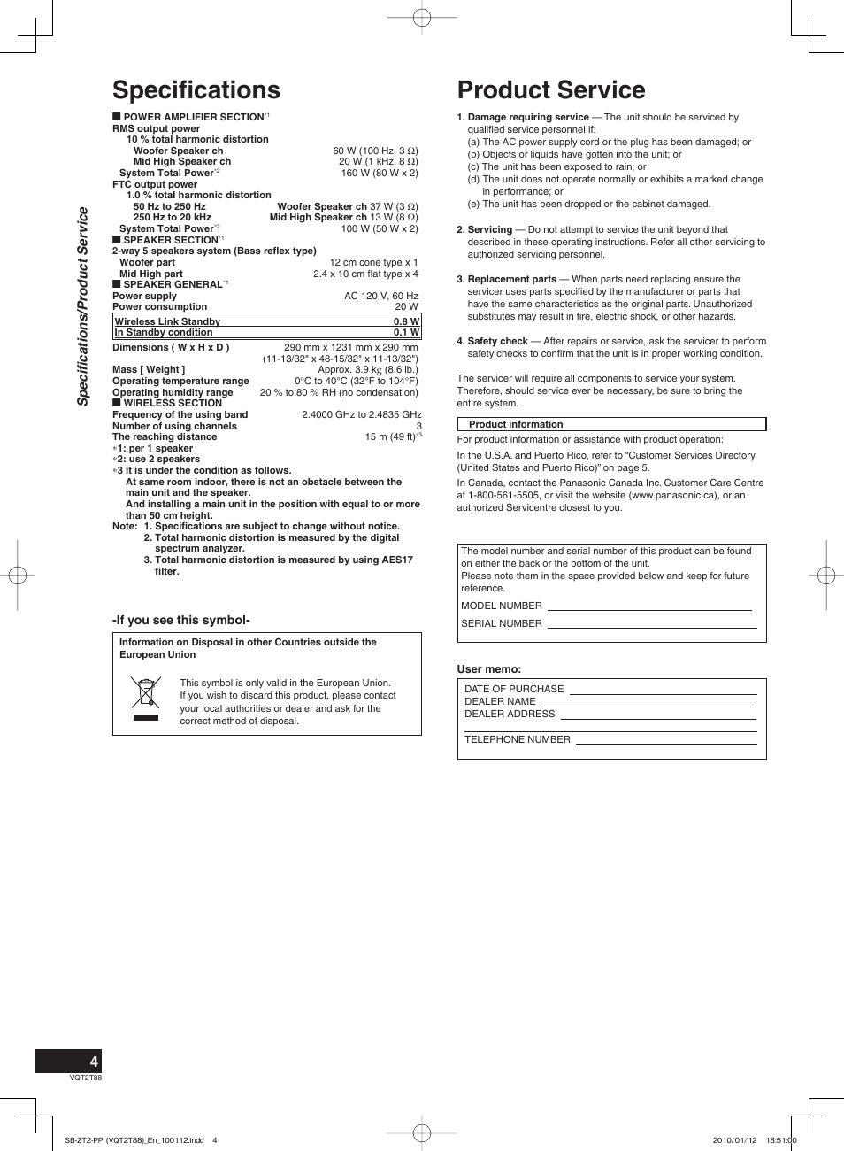 Product service, Specifi cations, Speci fi cations/product service | Panasonic SB-ZT2 User Manual | Page 4 / 8