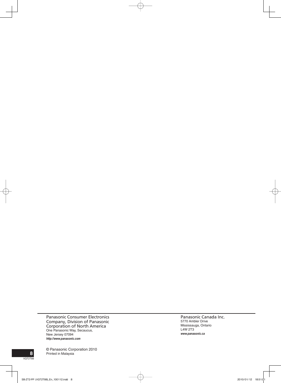 Panasonic SB-ZT2 User Manual | Page 8 / 8