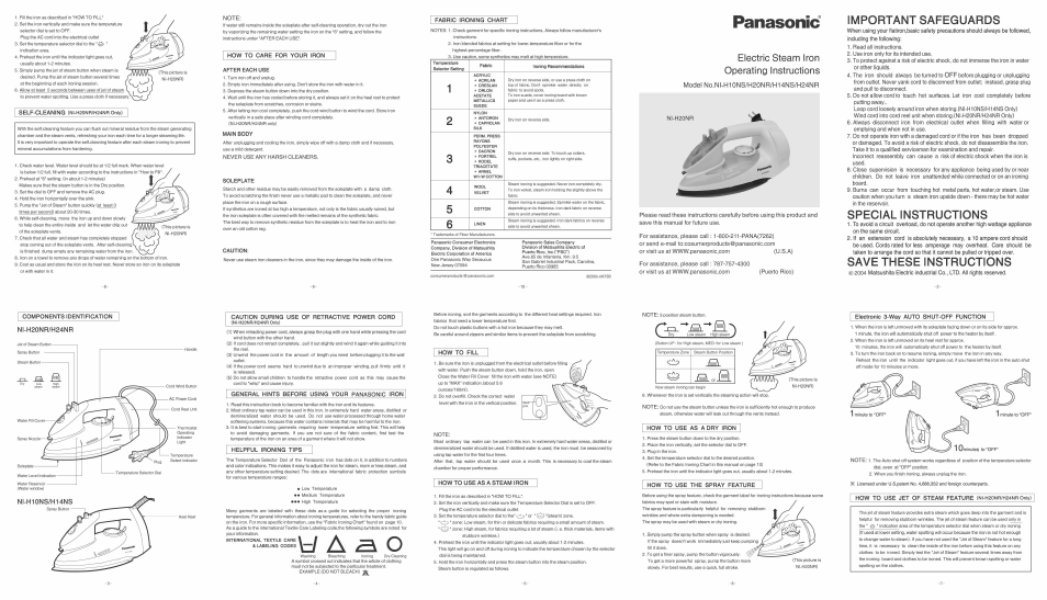 Panasonic NI-H10NS User Manual | 1 page