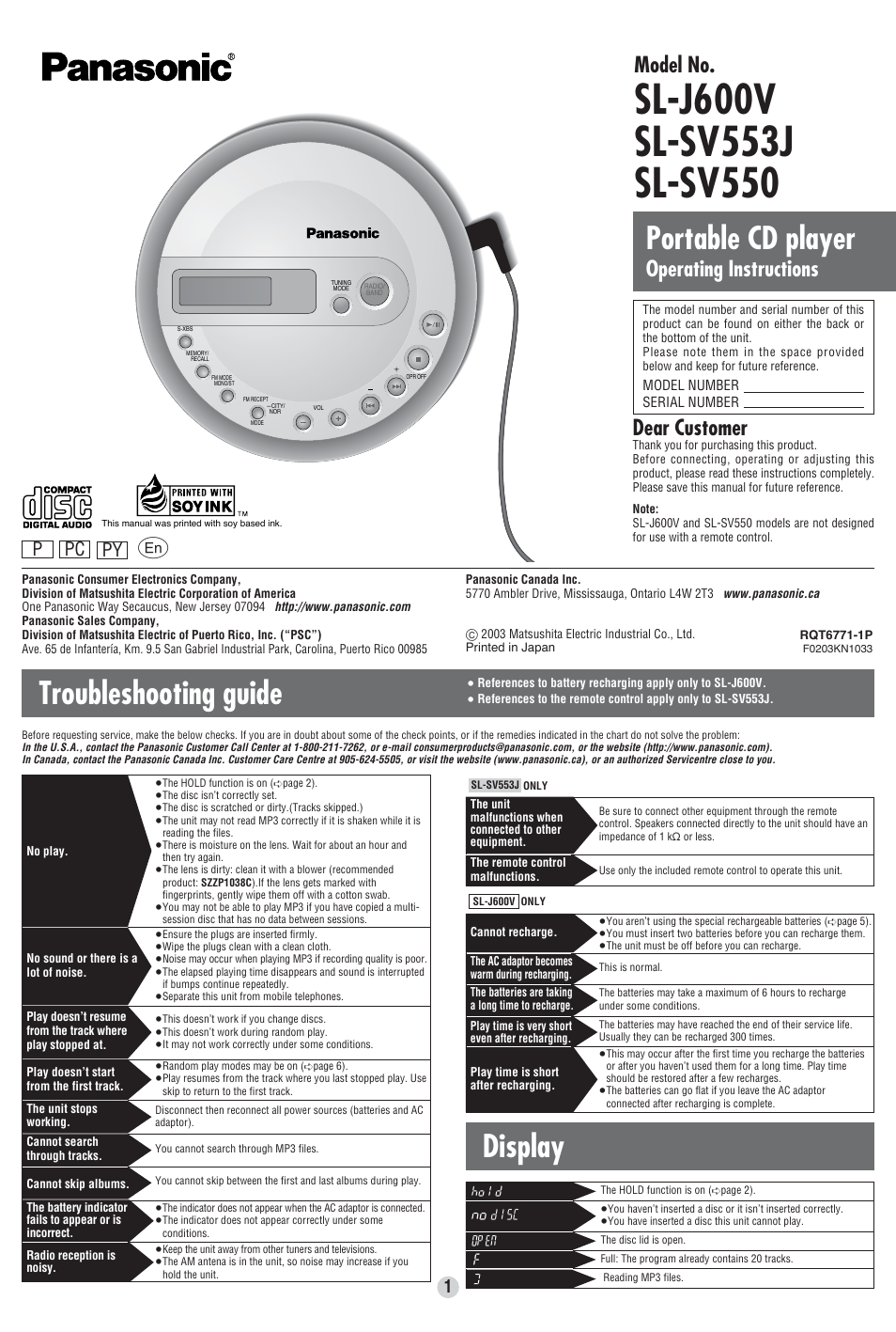 Panasonic SL-SV553J User Manual | 8 pages