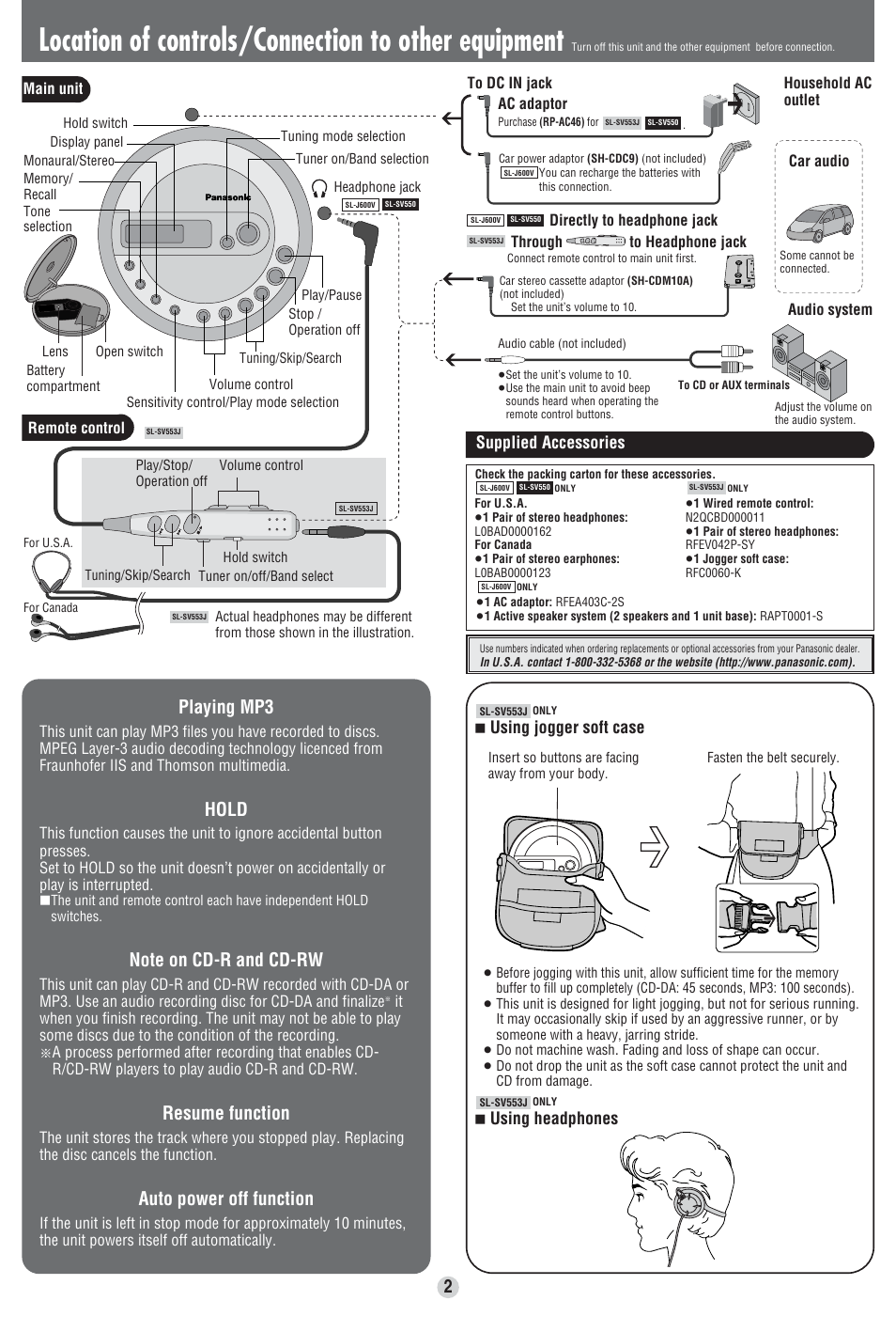 Location of controls/connection to other equipment, Playing mp3, Hold | Resume function, Auto power off function, Supplied accessories, Using jogger soft case, Using headphones | Panasonic SL-SV553J User Manual | Page 2 / 8