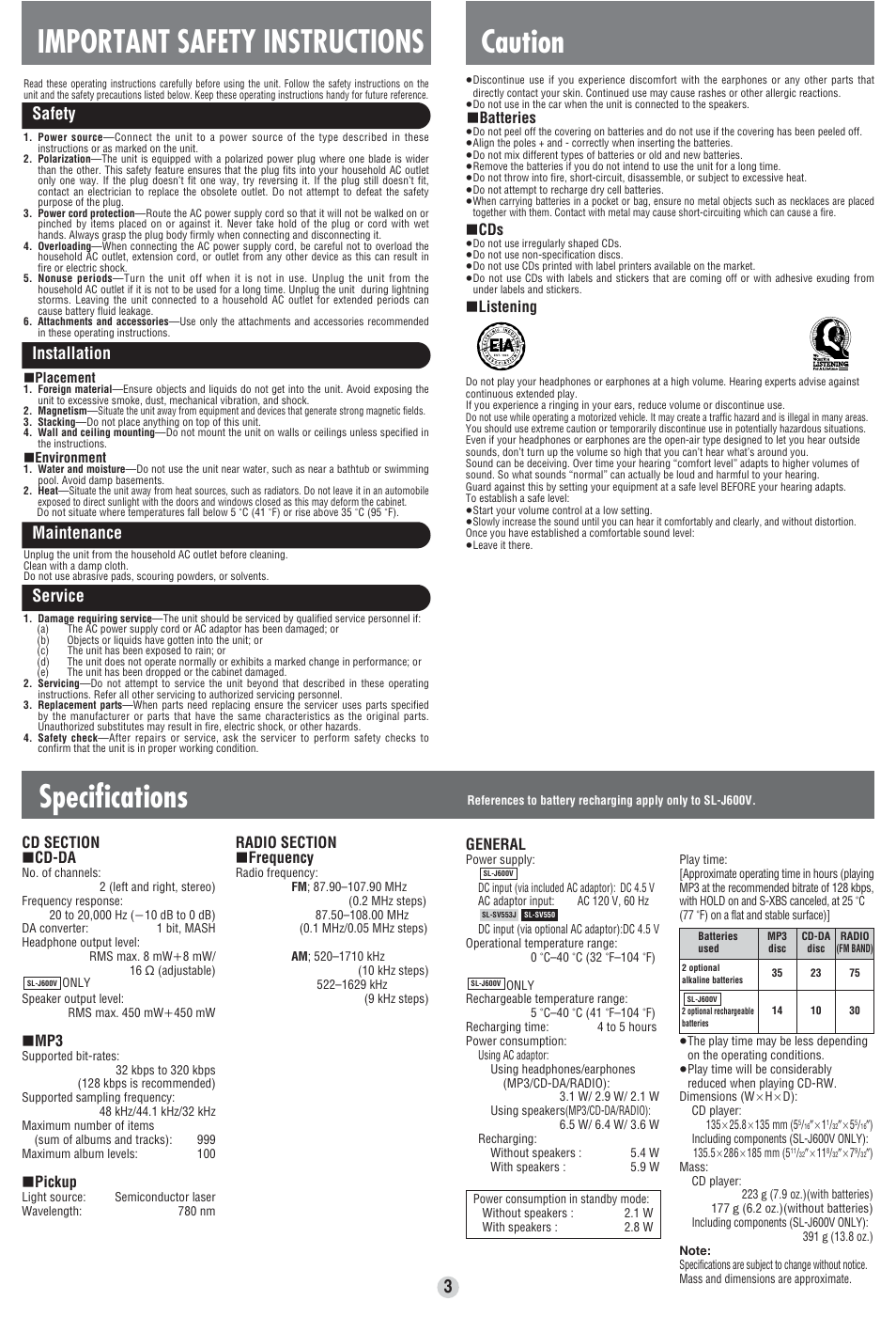 Specifications, Important safety instructions caution, Safety installation maintenance service | Batteries, Listening, Pickup, General | Panasonic SL-SV553J User Manual | Page 3 / 8