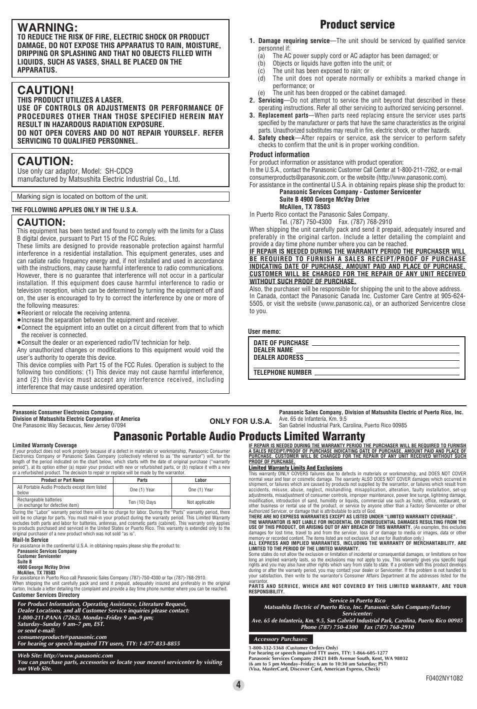 Caution, Warning, Product service | Panasonic portable audio products limited warranty | Panasonic SL-SV553J User Manual | Page 4 / 8
