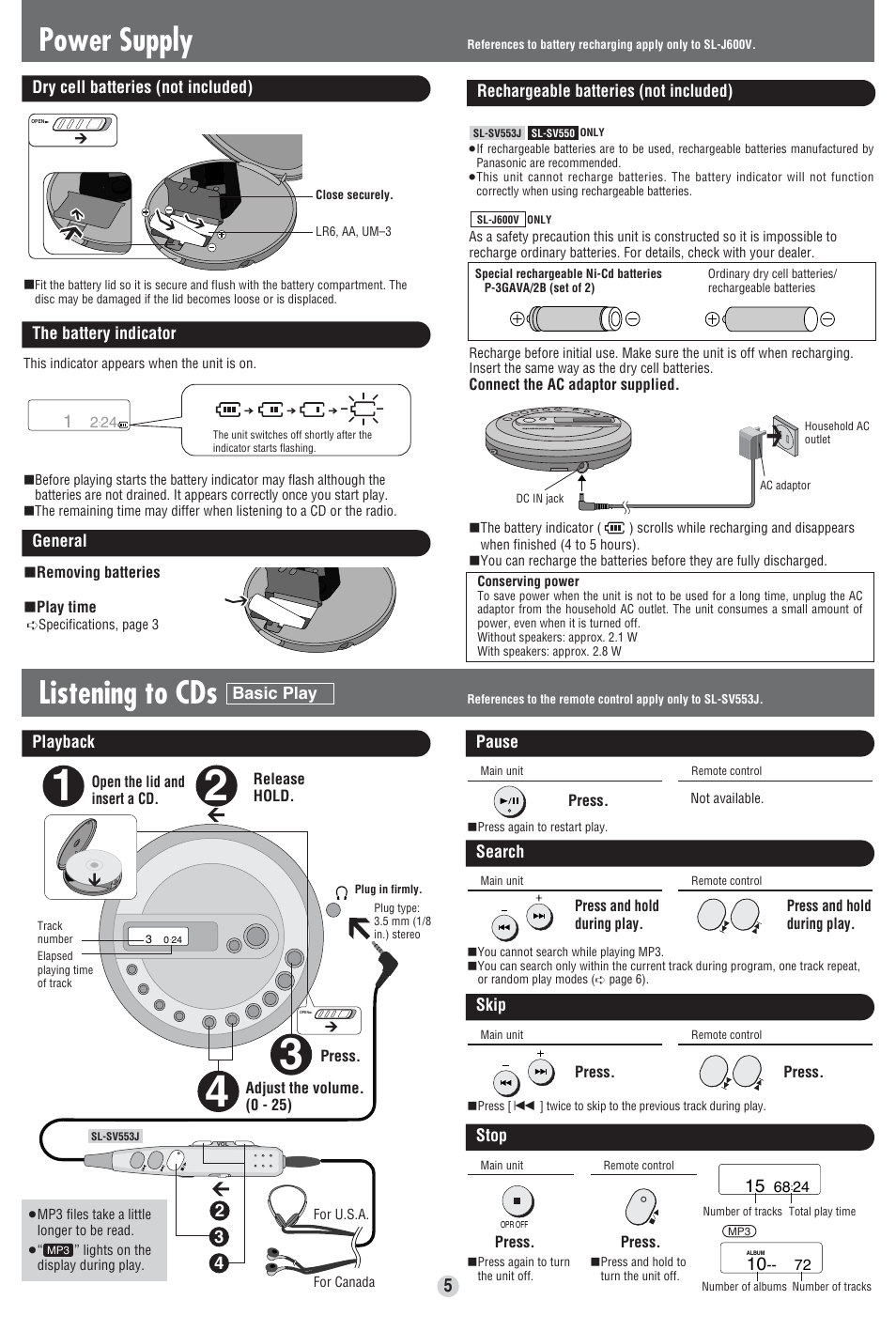 Listening to cds, Power supply | Panasonic SL-SV553J User Manual | Page 5 / 8