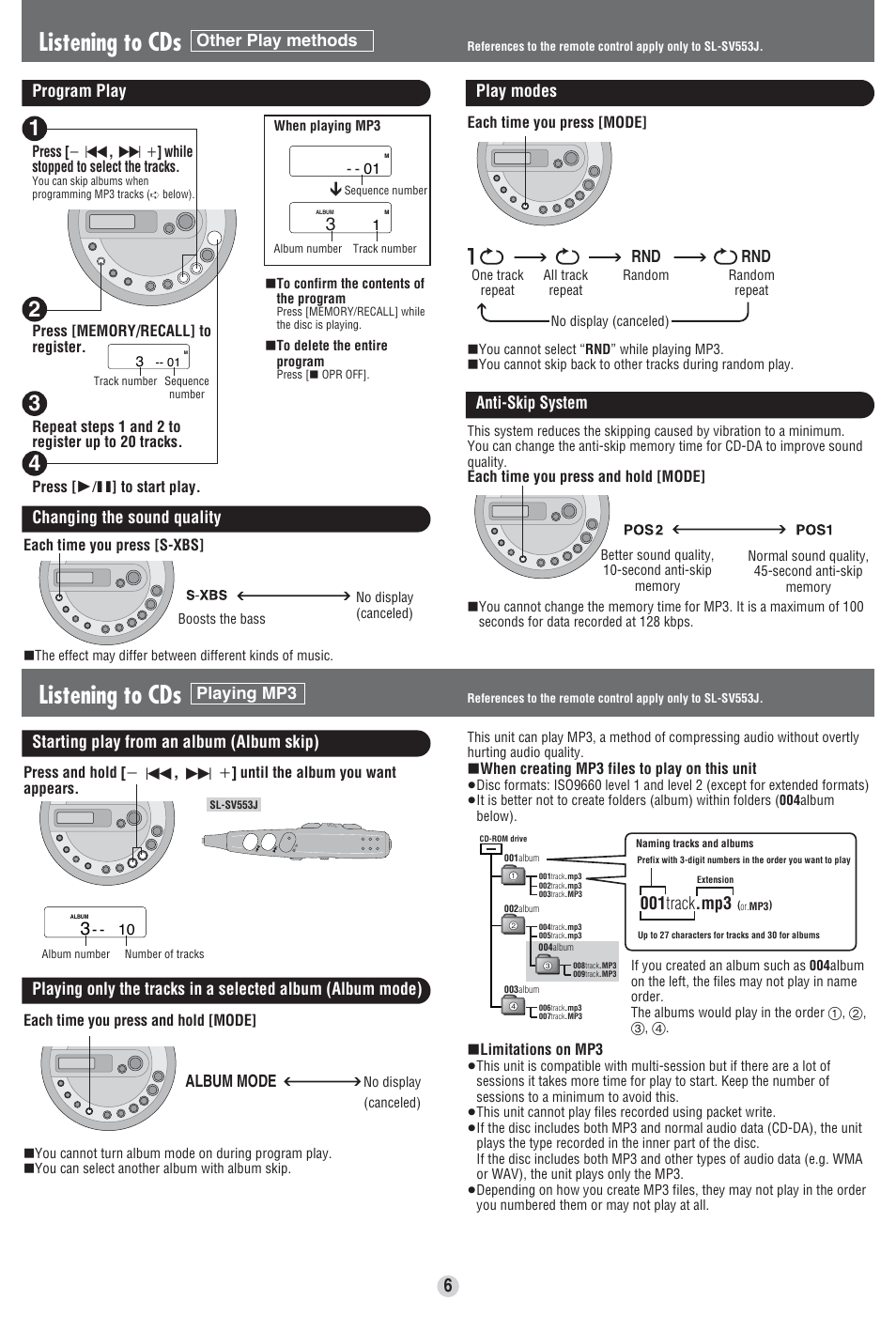 Listening to cds, Other play methods program play play modes, Anti-skip system | Changing the sound quality, Album mode, 001 track .mp3 | Panasonic SL-SV553J User Manual | Page 6 / 8