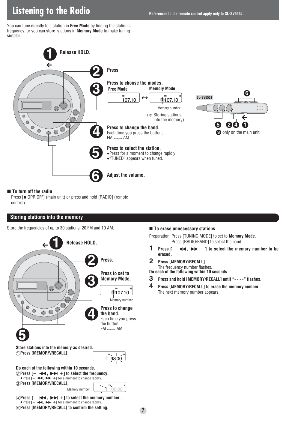 Listening to the radio | Panasonic SL-SV553J User Manual | Page 7 / 8