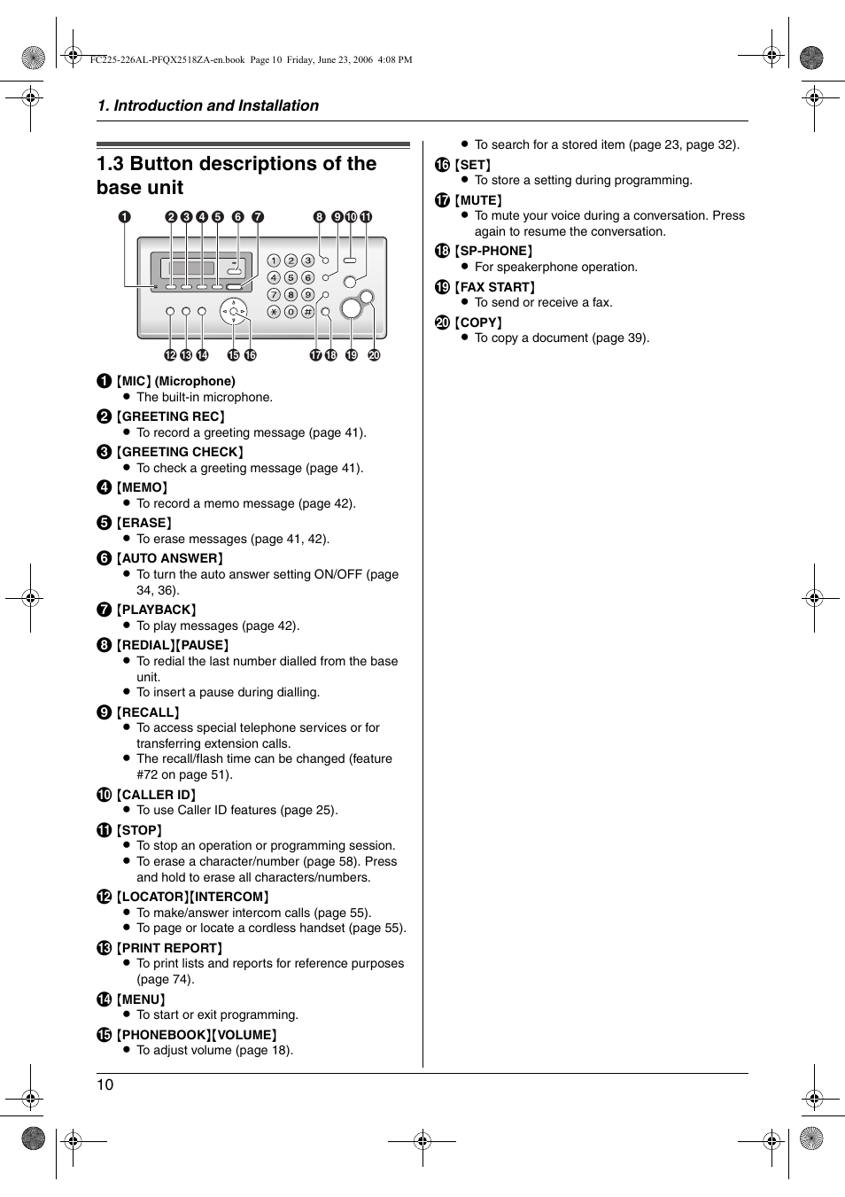 Finding the controls, 3 button descriptions of the base unit, Button descriptions of the base unit | 3 button descriptions of the base unit | Panasonic KX-FC225NZ User Manual | Page 10 / 80