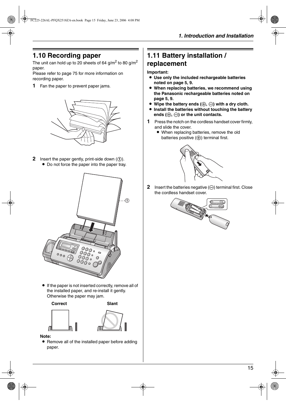 10 recording paper, 11 battery installation / replacement, Recording paper | Battery installation / replacement, 10 recording paper, 11 battery installation / replacement | Panasonic KX-FC225NZ User Manual | Page 15 / 80