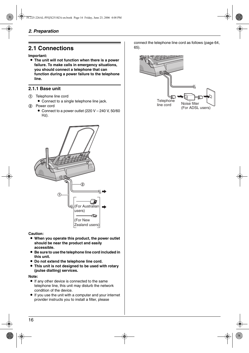 Preparation, Connections and setup, 1 connections | Connections, 1 connections | Panasonic KX-FC225NZ User Manual | Page 16 / 80