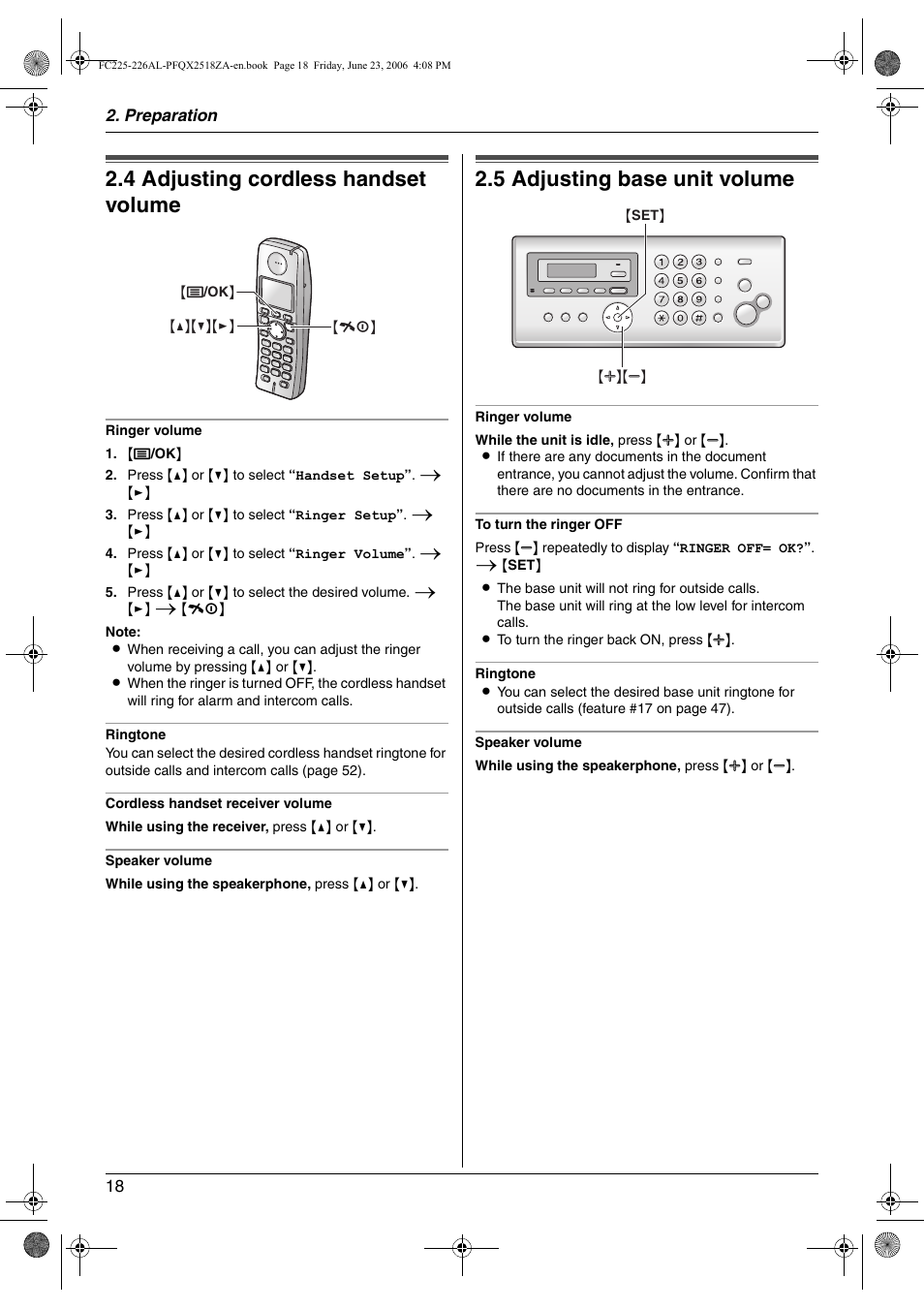 Volume, 4 adjusting cordless handset volume, 5 adjusting base unit volume | Adjusting cordless handset volume, Adjusting base unit volume, 4 adjusting cordless handset volume, 5 adjusting base unit volume | Panasonic KX-FC225NZ User Manual | Page 18 / 80