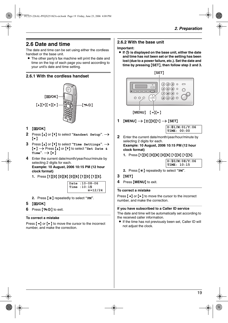 Initial programming, 6 date and time, Date and time | 6 date and time | Panasonic KX-FC225NZ User Manual | Page 19 / 80