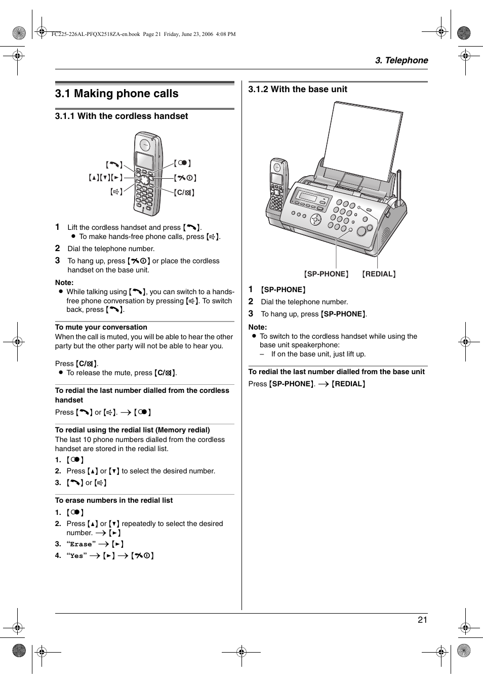 Telephone, Making and answering calls, 1 making phone calls | Making phone calls, 1 making phone calls | Panasonic KX-FC225NZ User Manual | Page 21 / 80