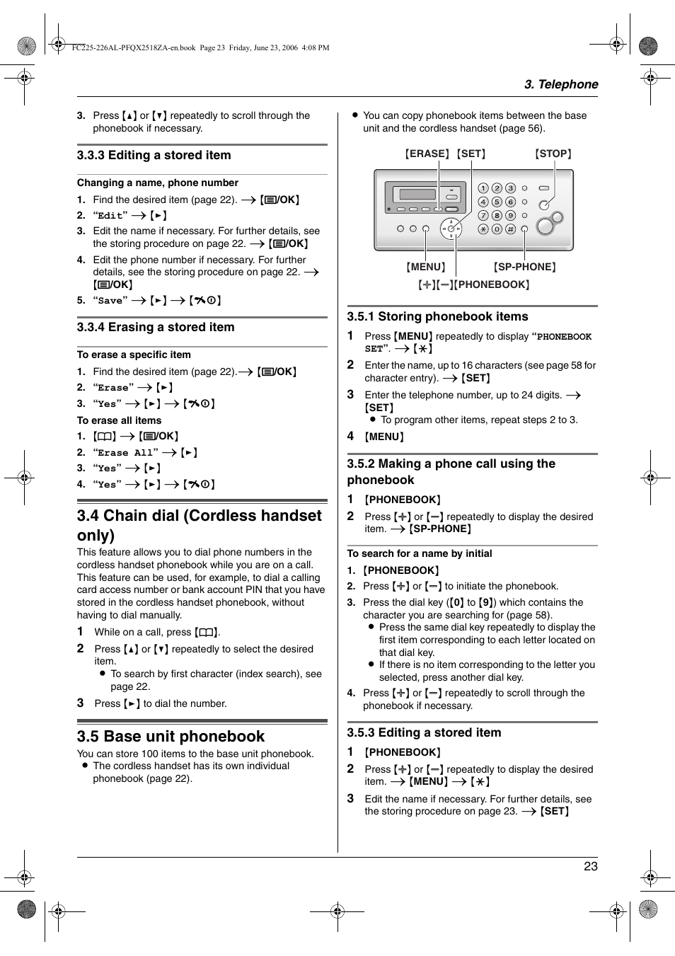 4 chain dial (cordless handset only), 5 base unit phonebook, Chain dial (cordless handset only) | Base unit phonebook, 4 chain dial (cordless handset only), 5 base unit phonebook | Panasonic KX-FC225NZ User Manual | Page 23 / 80