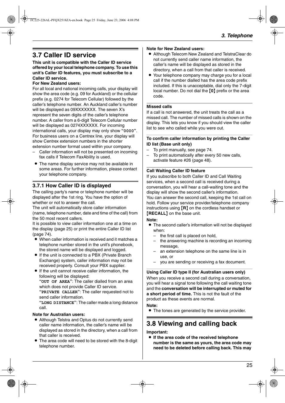 Caller id, 7 caller id service, 8 viewing and calling back | Caller id service, Viewing and calling back, 7 caller id service, 8 viewing and calling back | Panasonic KX-FC225NZ User Manual | Page 25 / 80