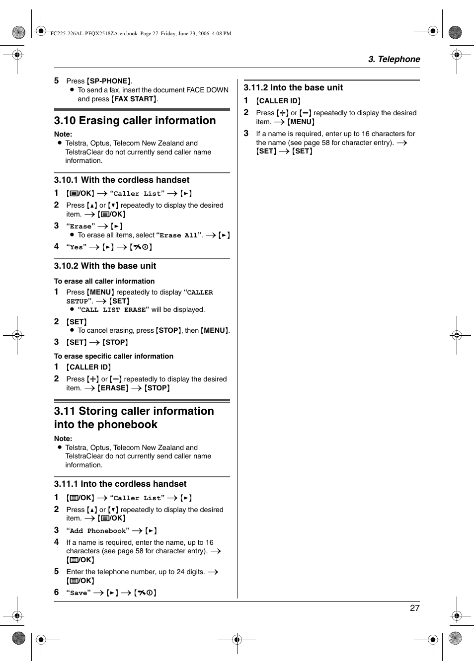 10 erasing caller information, 11 storing caller information into the phonebook, Erasing caller information | Storing caller information into the phonebook, 10 erasing caller information, 11 storing caller information into the phonebook | Panasonic KX-FC225NZ User Manual | Page 27 / 80