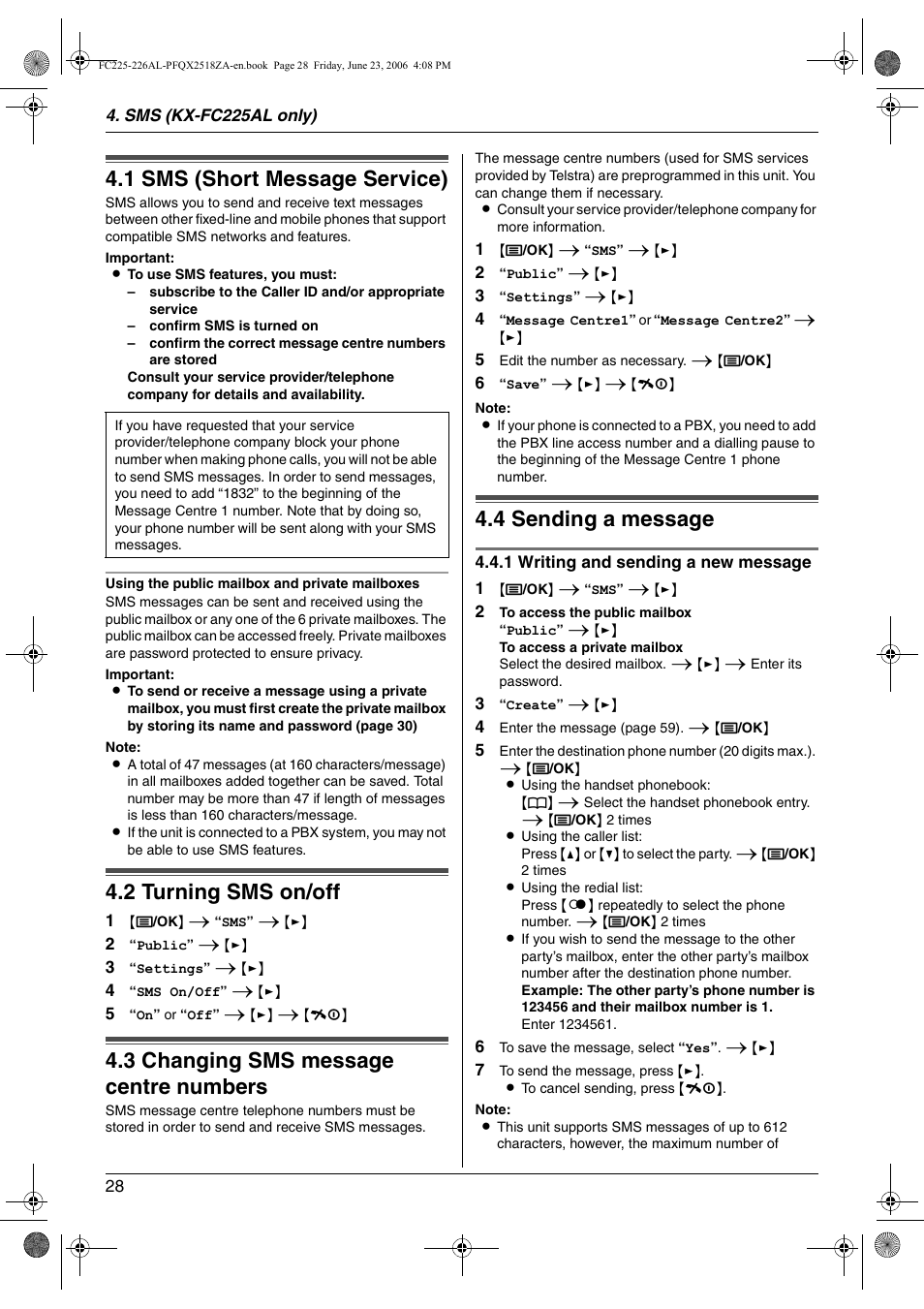 Sms (kx-fc225al only), 1 sms (short message service), 2 turning sms on/off | 3 changing sms message centre numbers, 4 sending a message, Sms (short message service), Turning sms on/off, Changing sms message centre numbers, Sending a message, 1 sms (short message service) | Panasonic KX-FC225NZ User Manual | Page 28 / 80