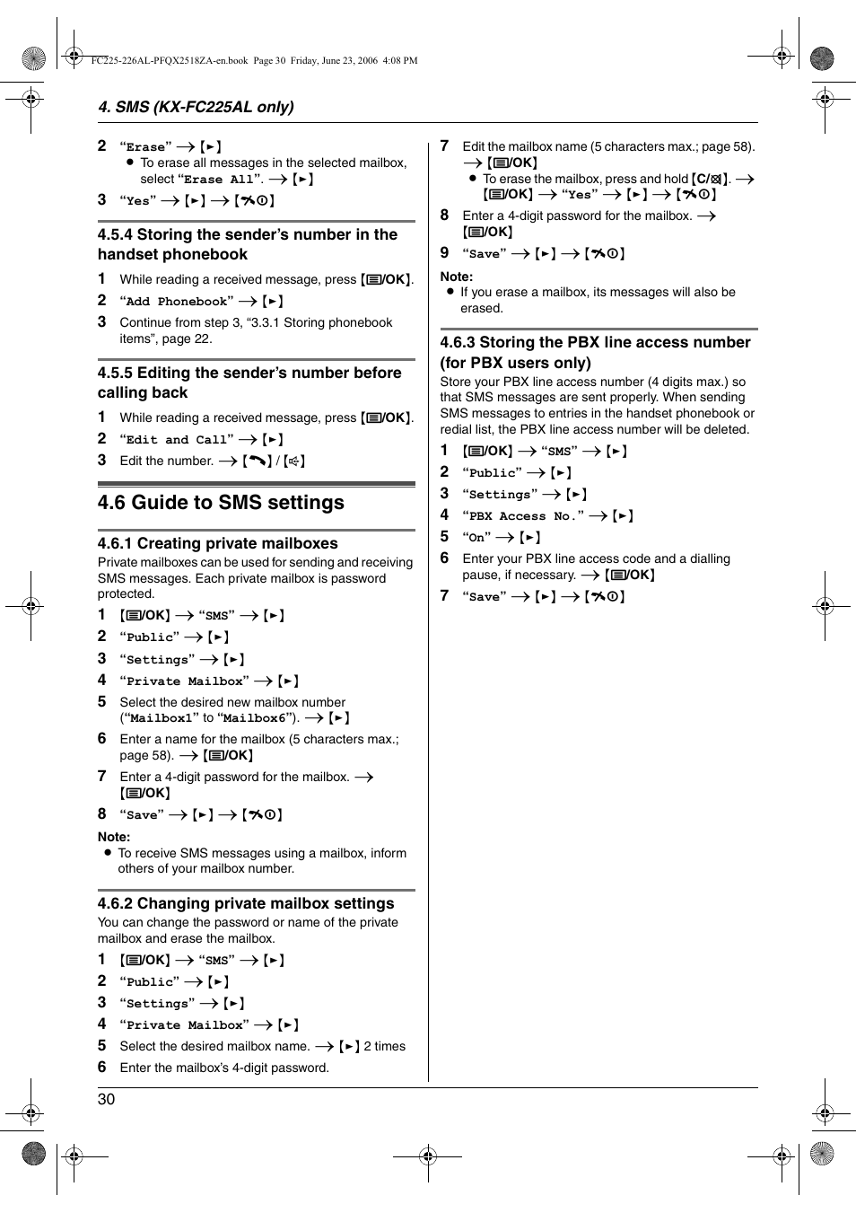 6 guide to sms settings, Guide to sms settings, 6 guide to sms settings | Panasonic KX-FC225NZ User Manual | Page 30 / 80