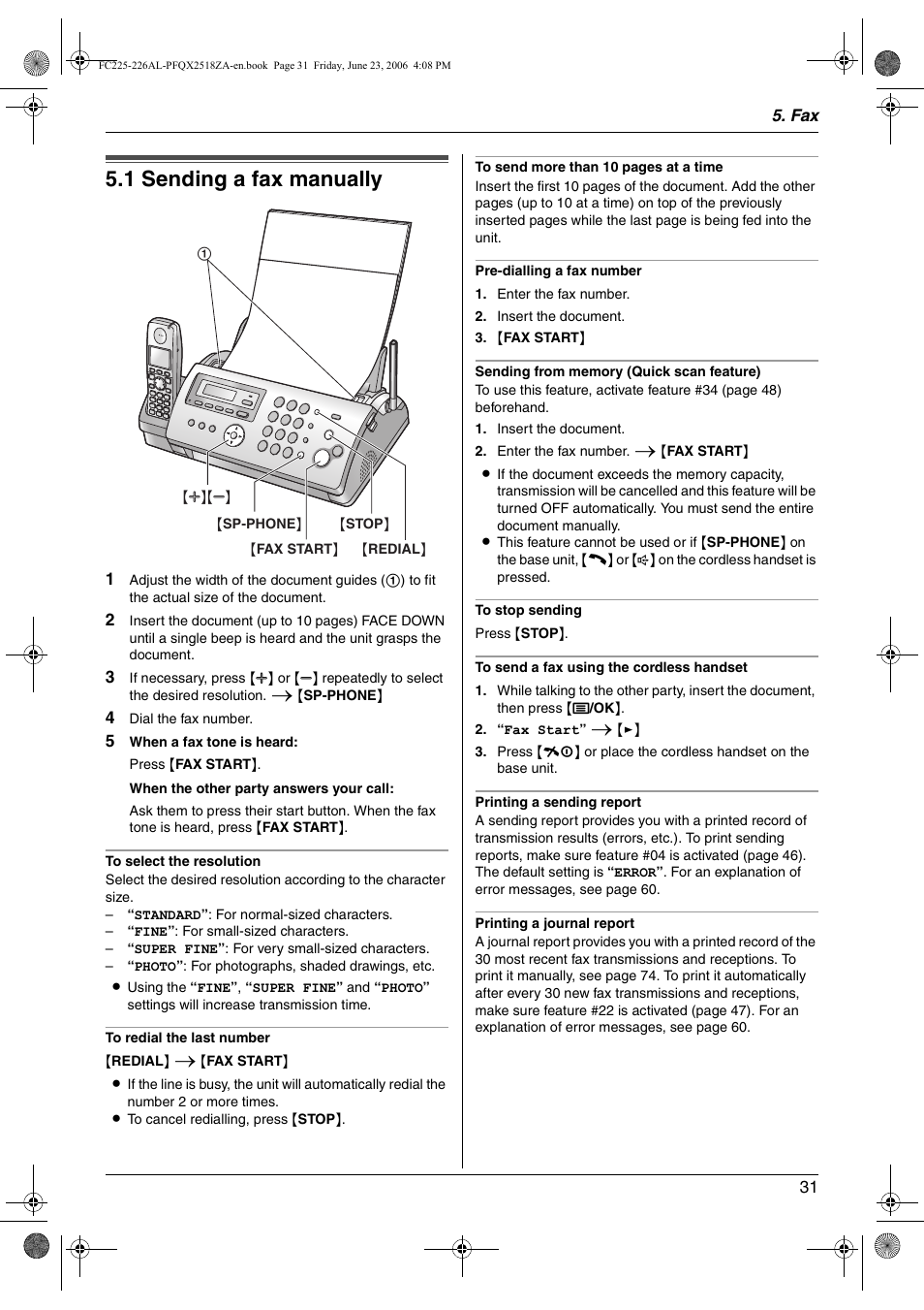 Sending faxes, 1 sending a fax manually, Sending a fax manually | 1 sending a fax manually | Panasonic KX-FC225NZ User Manual | Page 31 / 80