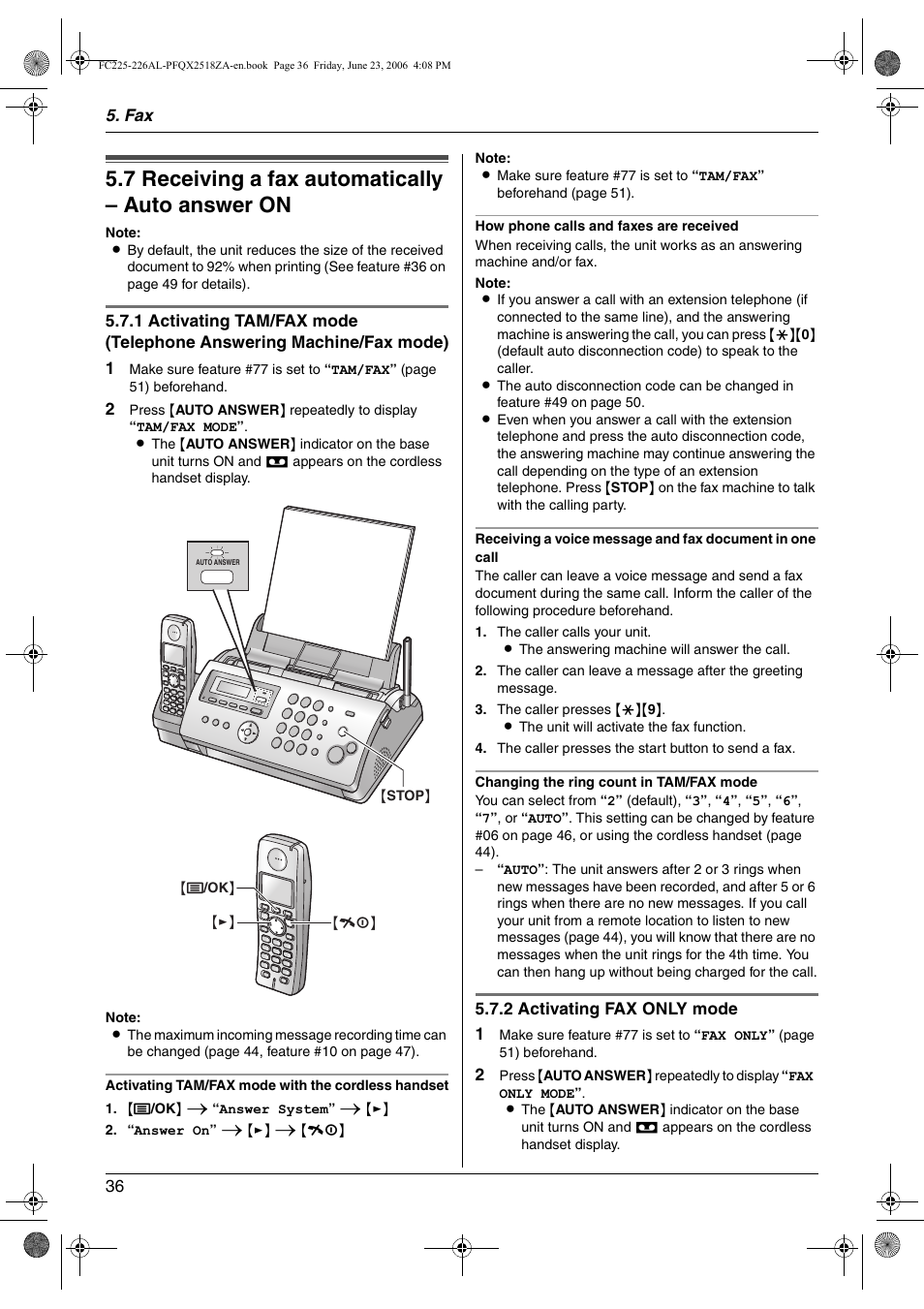 7 receiving a fax automatically – auto answer on, Receiving a fax automatically – auto answer on, 7 receiving a fax automatically – auto answer on | Panasonic KX-FC225NZ User Manual | Page 36 / 80