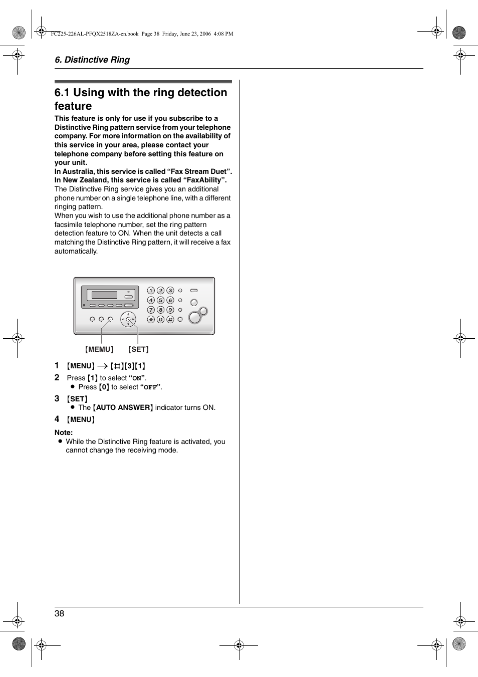 Distinctive ring, 1 using with the ring detection feature, Using with the ring detection feature | 1 using with the ring detection feature | Panasonic KX-FC225NZ User Manual | Page 38 / 80