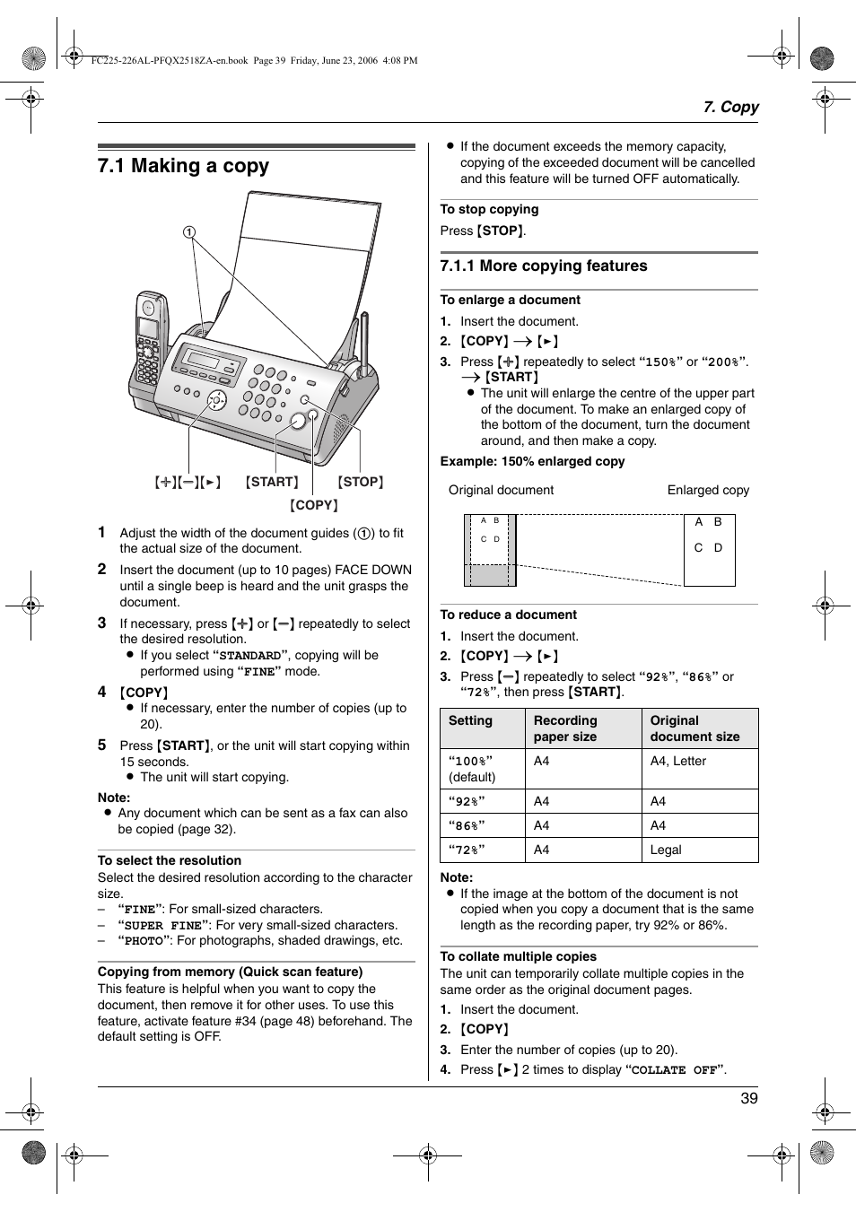 Copy, Copying, 1 making a copy | Making a copy, 1 making a copy | Panasonic KX-FC225NZ User Manual | Page 39 / 80