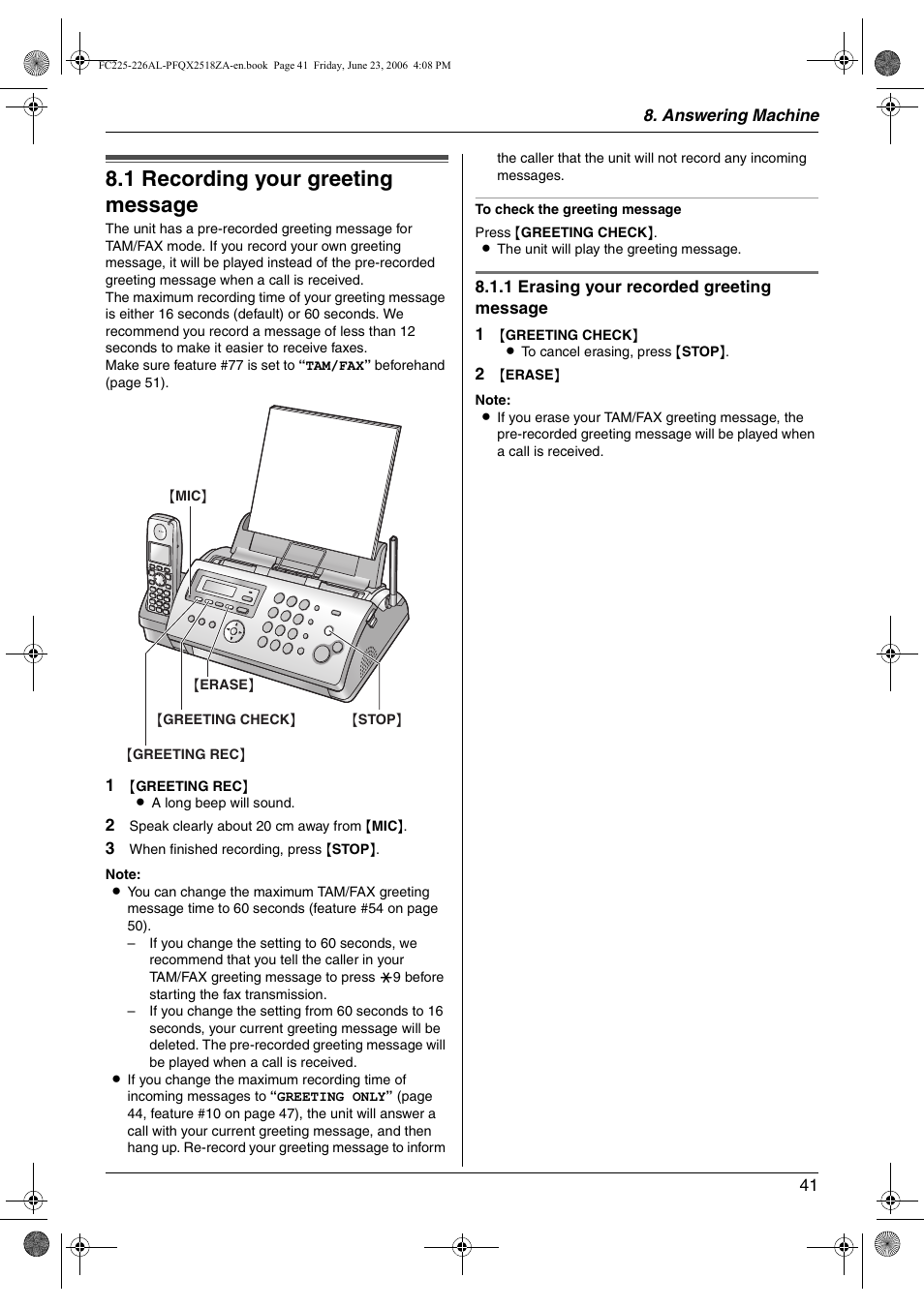 Answering machine, Greeting, 1 recording your greeting message | Recording your greeting message, 1 recording your greeting message | Panasonic KX-FC225NZ User Manual | Page 41 / 80