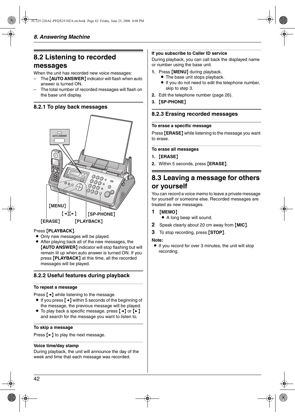 Incoming messages, 2 listening to recorded messages, Memo message | 3 leaving a message for others or yourself, Listening to recorded messages, Leaving a message for others or yourself, 2 listening to recorded messages, 3 leaving a message for others or yourself | Panasonic KX-FC225NZ User Manual | Page 42 / 80