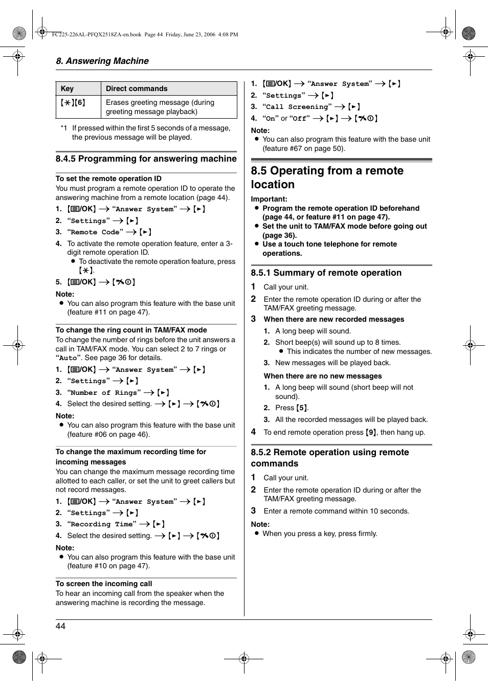 5 operating from a remote location, Operating from a remote location, 44, f | 5 operating from a remote location | Panasonic KX-FC225NZ User Manual | Page 44 / 80