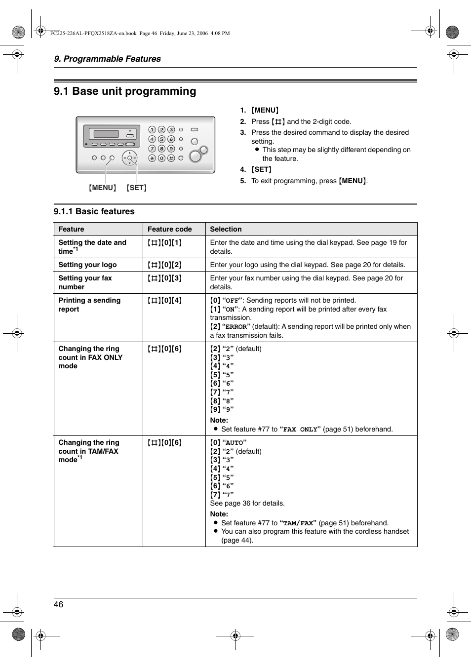 Programmable features, 1 base unit programming, Base unit | Base unit programming, 1 base unit programming | Panasonic KX-FC225NZ User Manual | Page 46 / 80