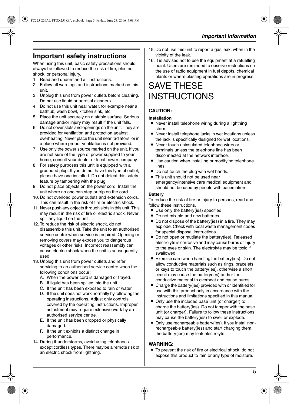 Important information, Safety instructions, Important safety instructions | Save these instructions | Panasonic KX-FC225NZ User Manual | Page 5 / 80