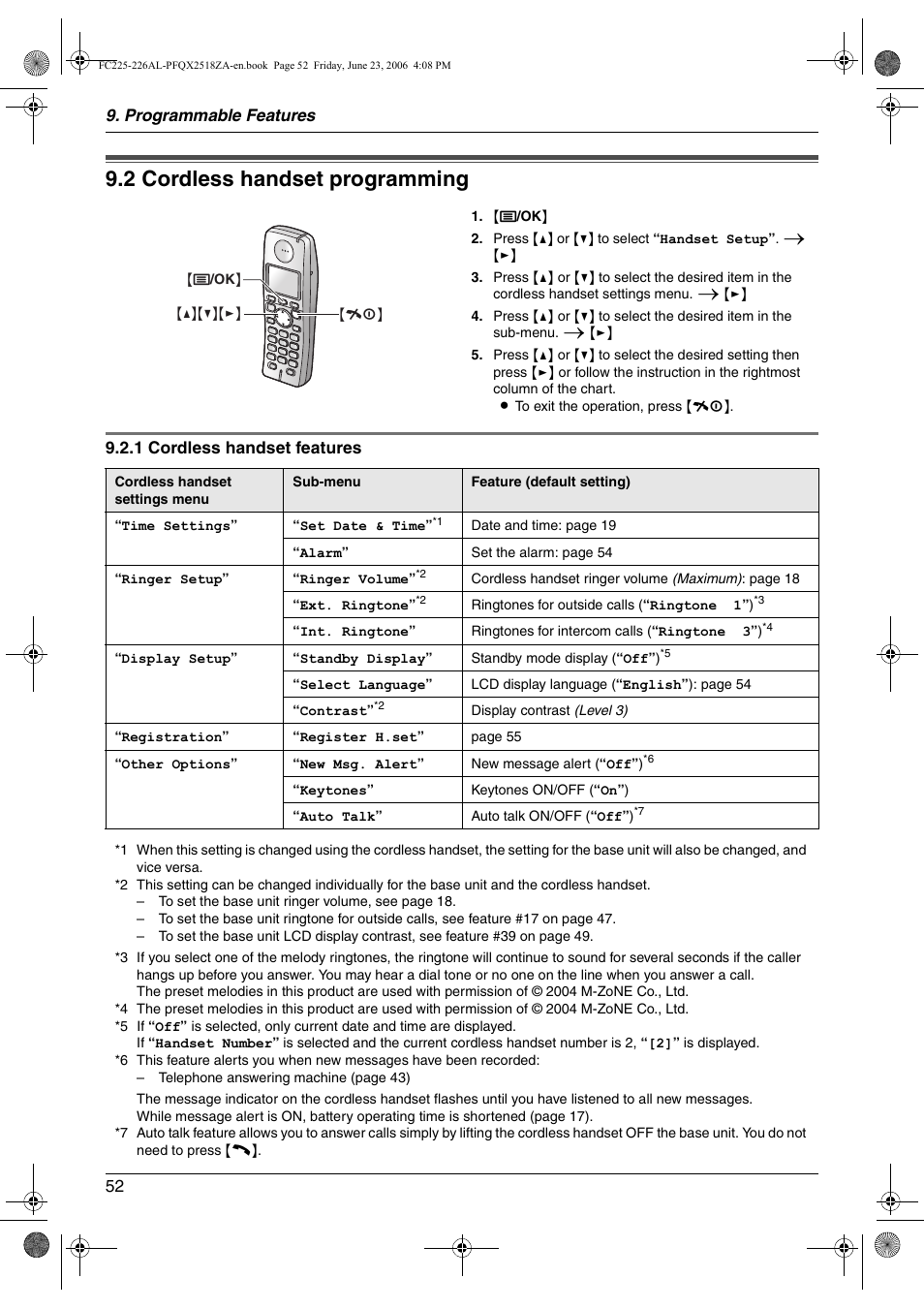 Cordless handset, 2 cordless handset programming, Cordless handset programming | 2 cordless handset programming | Panasonic KX-FC225NZ User Manual | Page 52 / 80