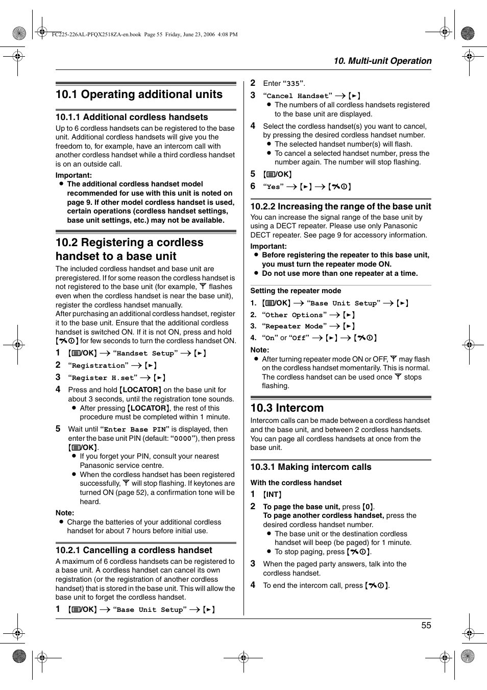 Multi-unit operation, Additional units, 1 operating additional units | 2 registering a cordless handset to a base unit, Other features, 3 intercom, Operating additional units, Registering a cordless handset to a base unit, Intercom, 1 operating additional units | Panasonic KX-FC225NZ User Manual | Page 55 / 80