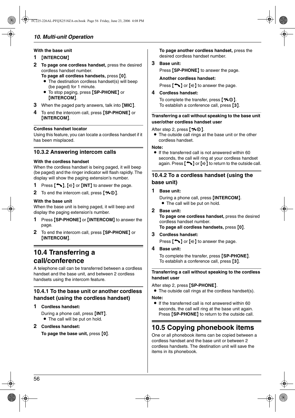 4 transferring a call/conference, 5 copying phonebook items, Transferring a call/conference | Copying phonebook items, 4 transferring a call/conference, 5 copying phonebook items | Panasonic KX-FC225NZ User Manual | Page 56 / 80