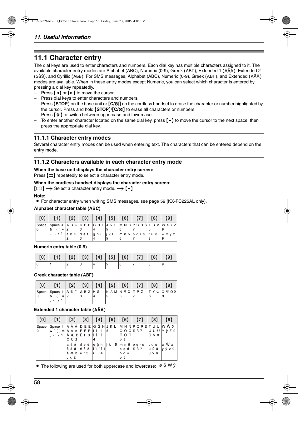 Useful information, 1 character entry, Character entry | 1 character entry | Panasonic KX-FC225NZ User Manual | Page 58 / 80