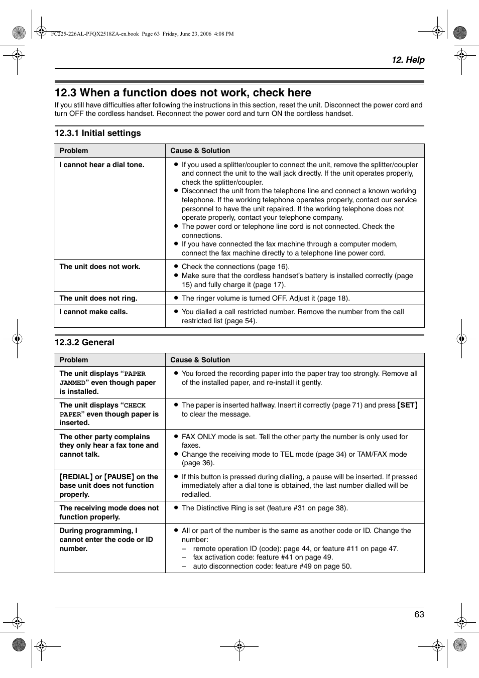 Troubleshooting, 3 when a function does not work, check here, When a function does not work, check here | 3 when a function does not work, check here | Panasonic KX-FC225NZ User Manual | Page 63 / 80