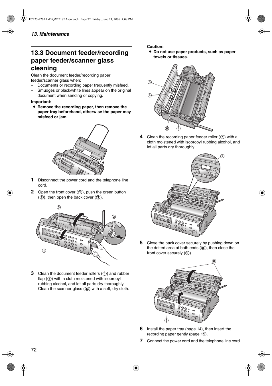 Cleaning, Document feeder/recording paper feeder, Scanner glass cleaning | Panasonic KX-FC225NZ User Manual | Page 72 / 80