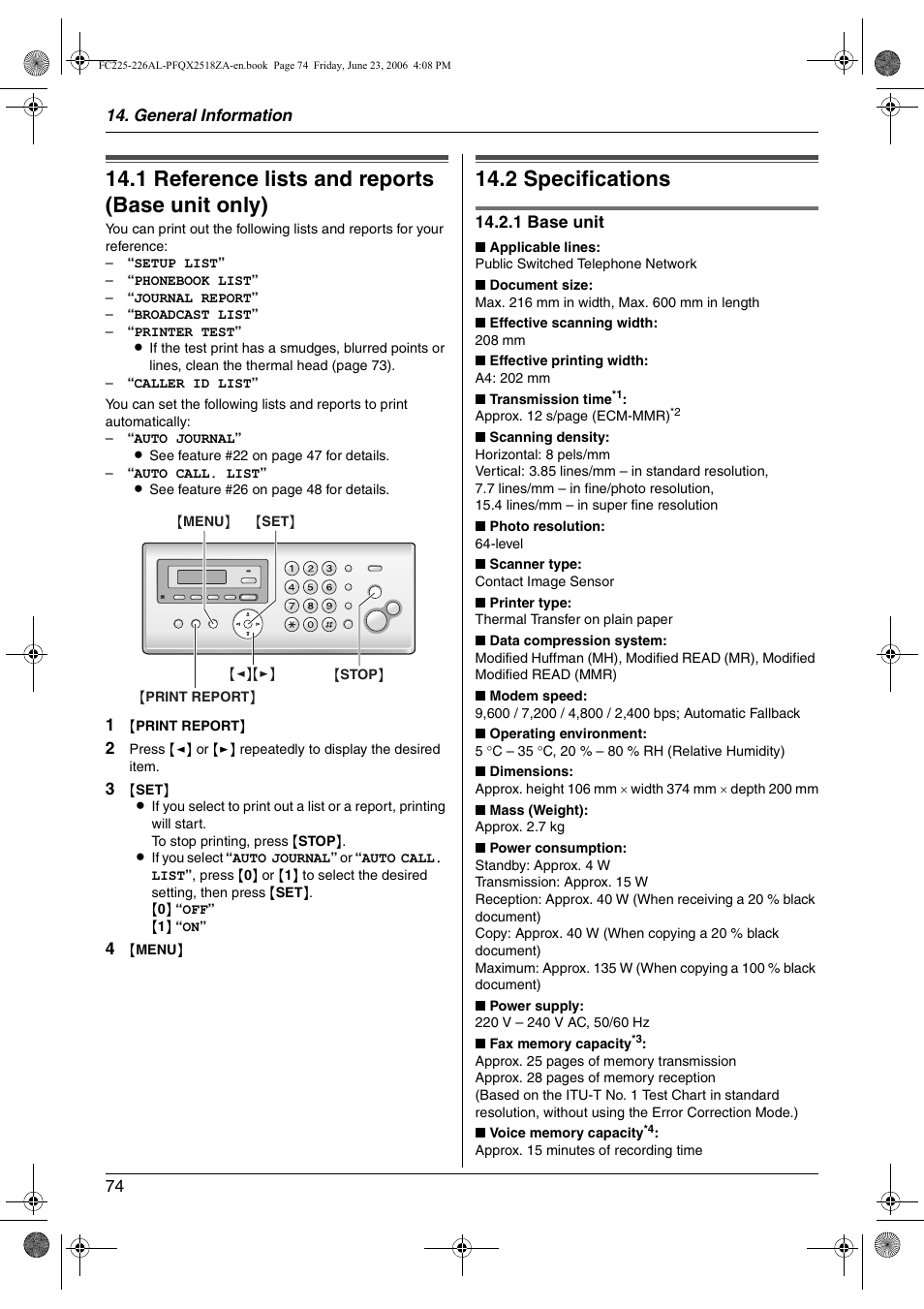 General information, Printed reports, 1 reference lists and reports (base unit only) | Specifications, 2 specifications, Reference lists and reports (base unit only), 1 reference lists and reports (base unit only), 2 specifications | Panasonic KX-FC225NZ User Manual | Page 74 / 80