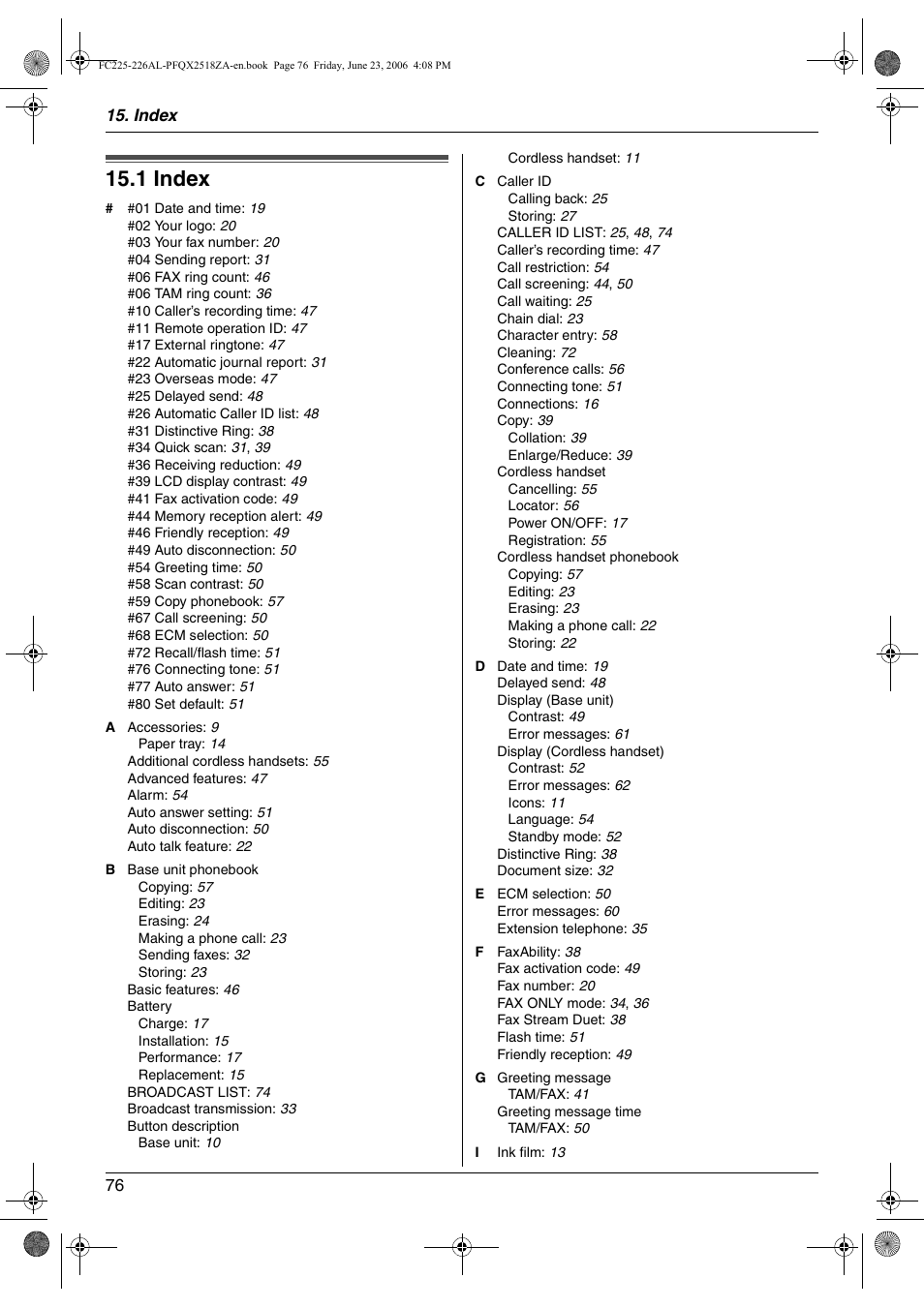 Index, 1 index | Panasonic KX-FC225NZ User Manual | Page 76 / 80