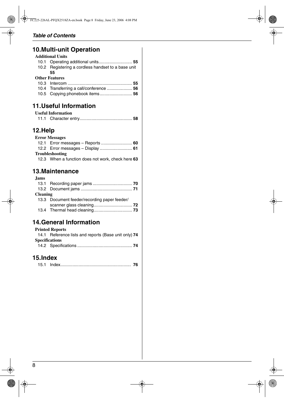 Multi-unit operation, Useful information, Help | Maintenance, General information, Index | Panasonic KX-FC225NZ User Manual | Page 8 / 80