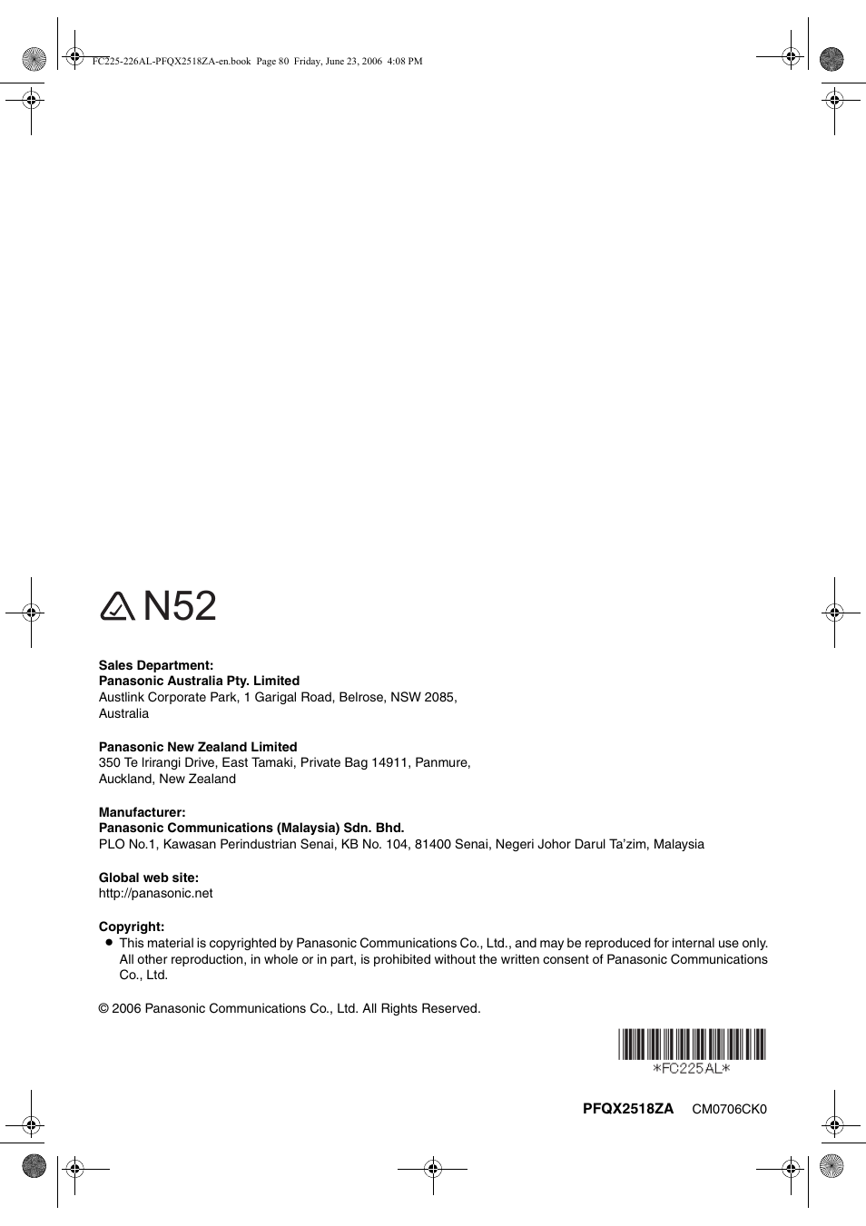 Panasonic KX-FC225NZ User Manual | Page 80 / 80