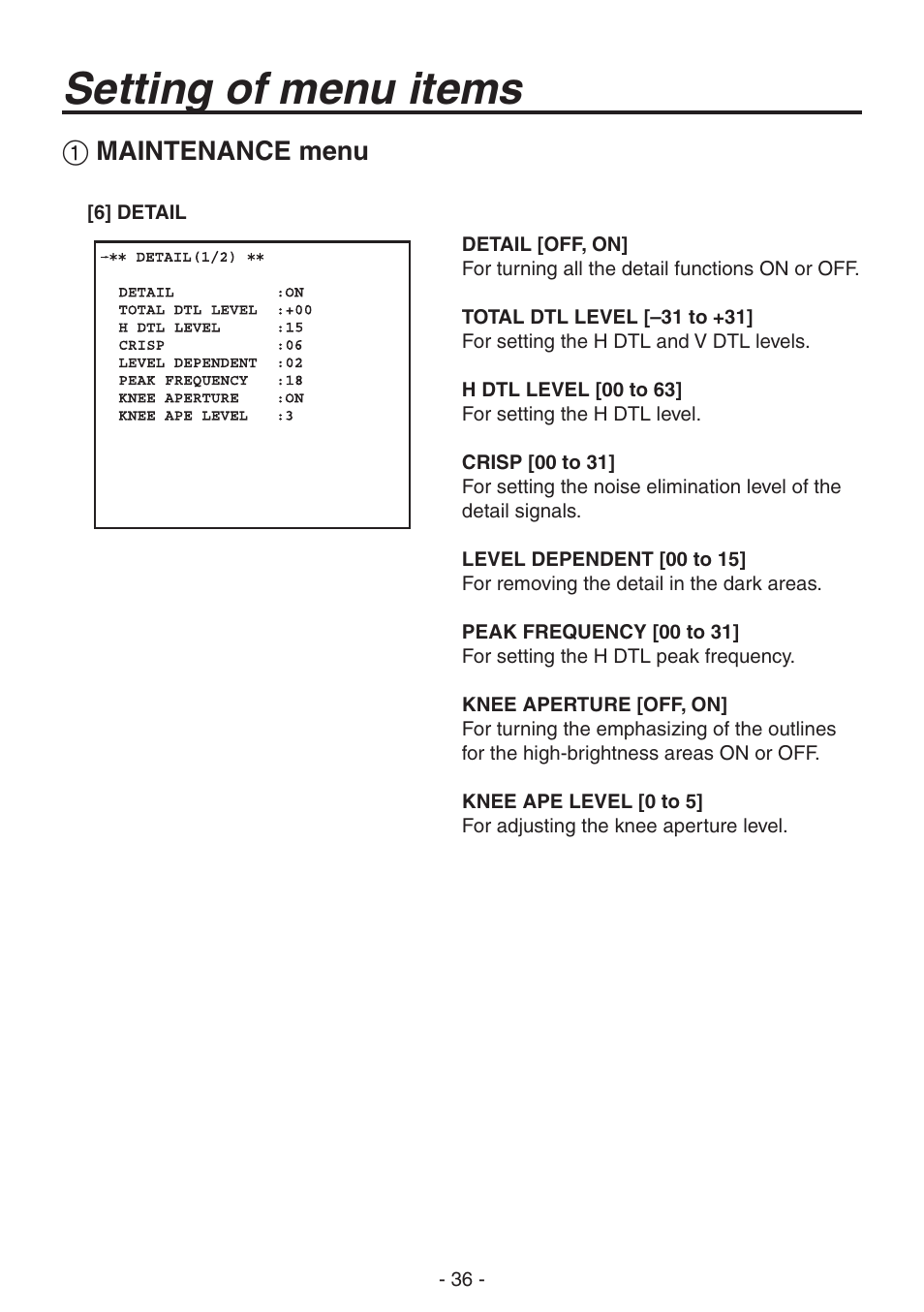 Setting of menu items, Maintenance menu | Panasonic AK-HC1800N User Manual | Page 10 / 41