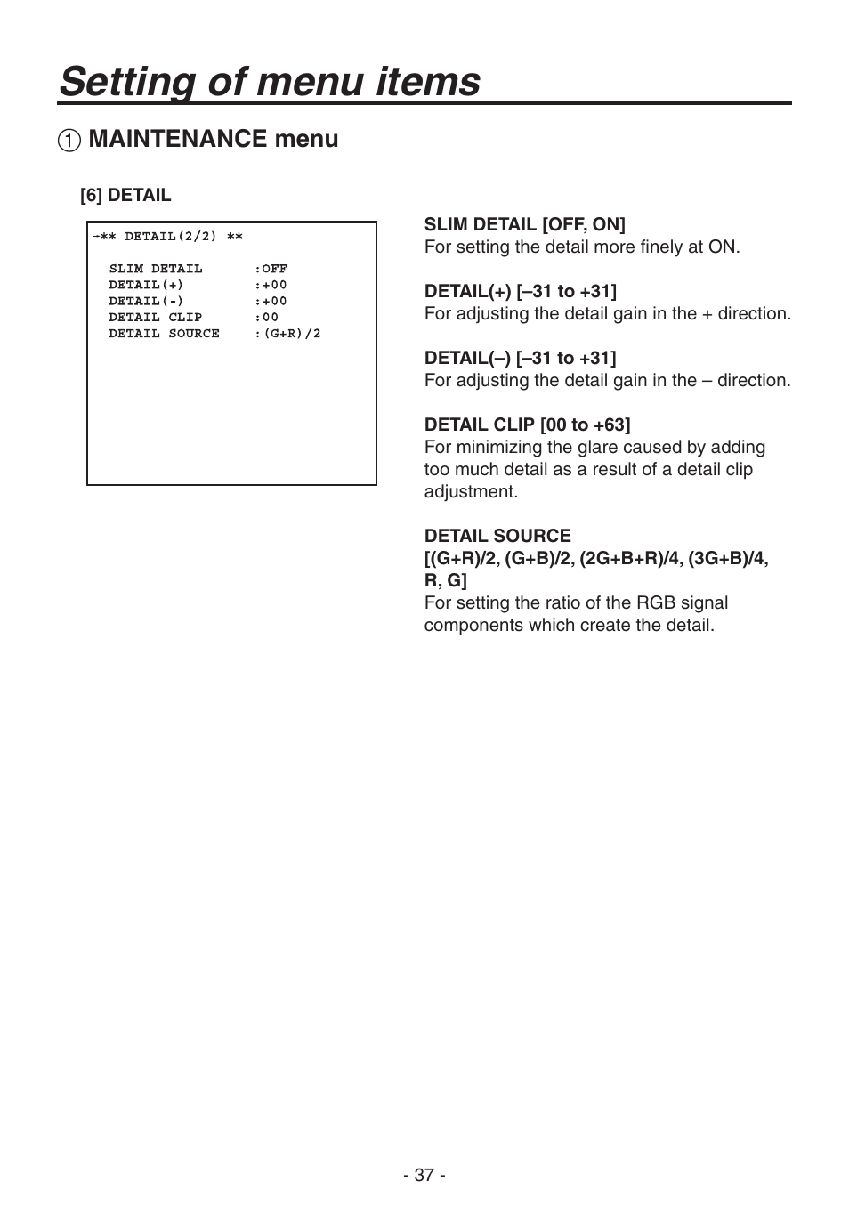 Setting of menu items | Panasonic AK-HC1800N User Manual | Page 11 / 41